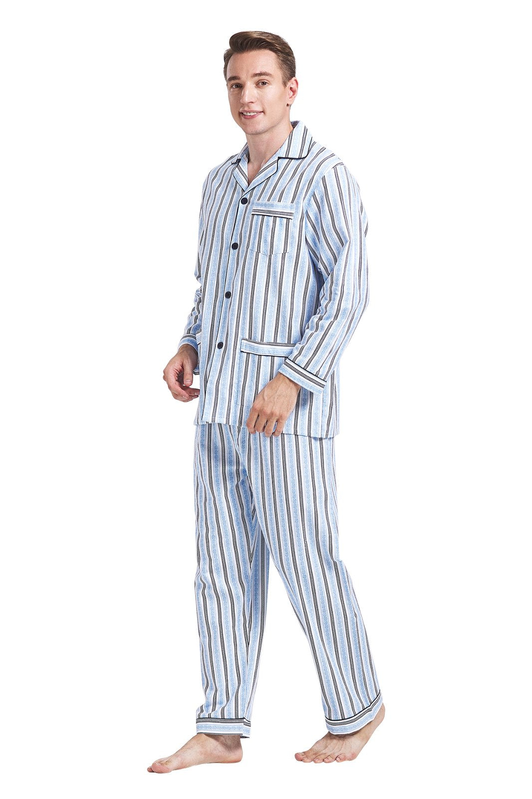 GLOBAL Men's Pajamas Sets 100% Cotton Flannel Sleepwear Long-Sleeve Top & Bottom