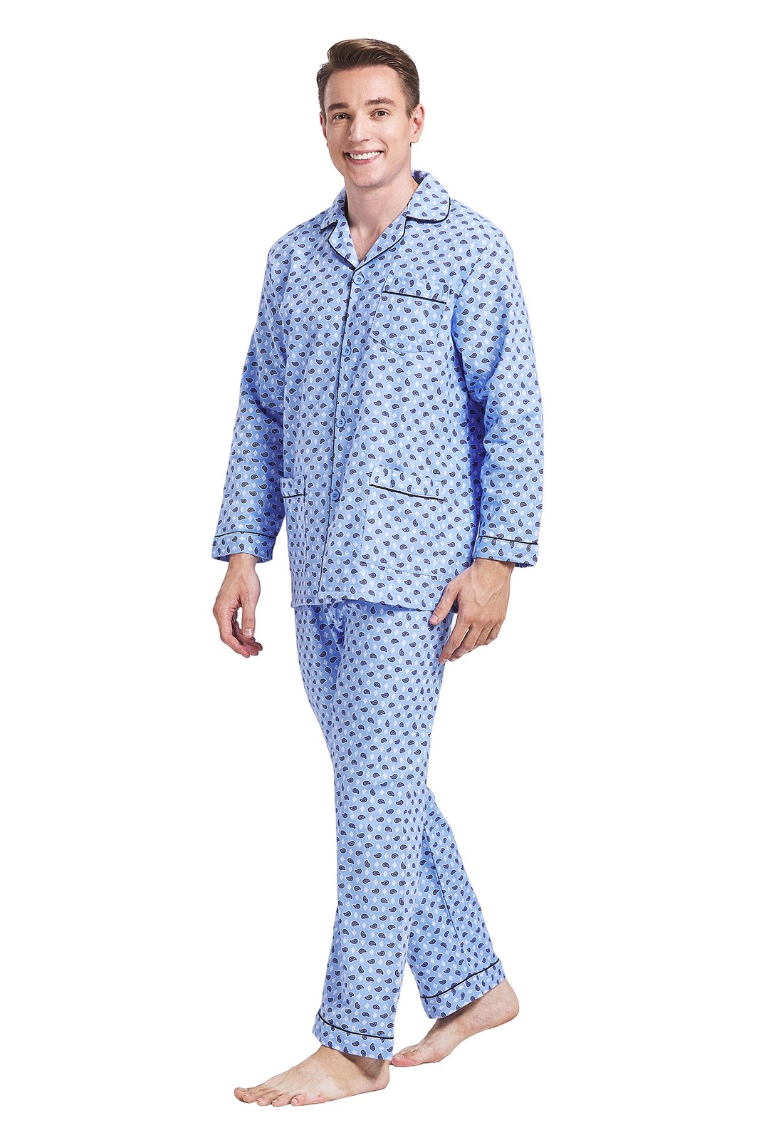 Amaxer Mens Cotton Flannel Pajama Set, Long Sleeve Button‑Down Top & Elastic Waist Long Pants, Breathable Sleep Loungewear, Size S