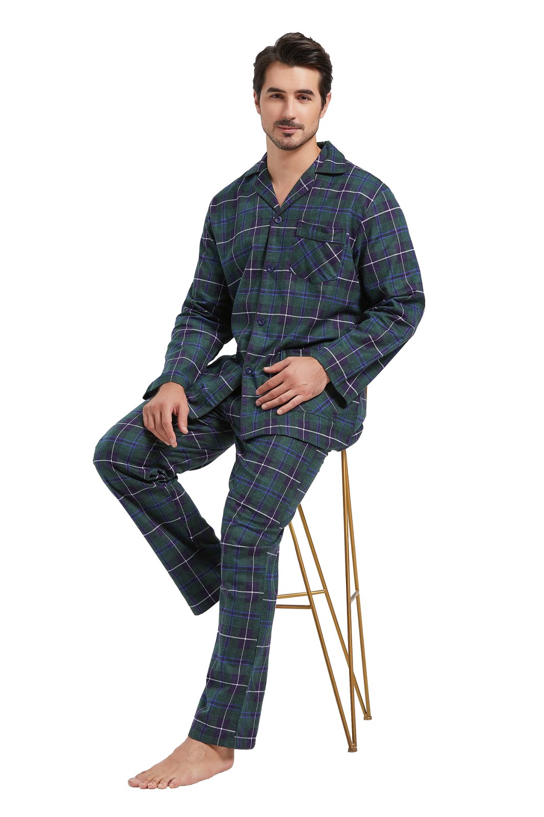 Amaxer Mens Cotton Flannel Pajama Set, Long Sleeve Button‑Down Top & Elastic Waist Long Pants, Breathable Sleep Loungewear, Size S