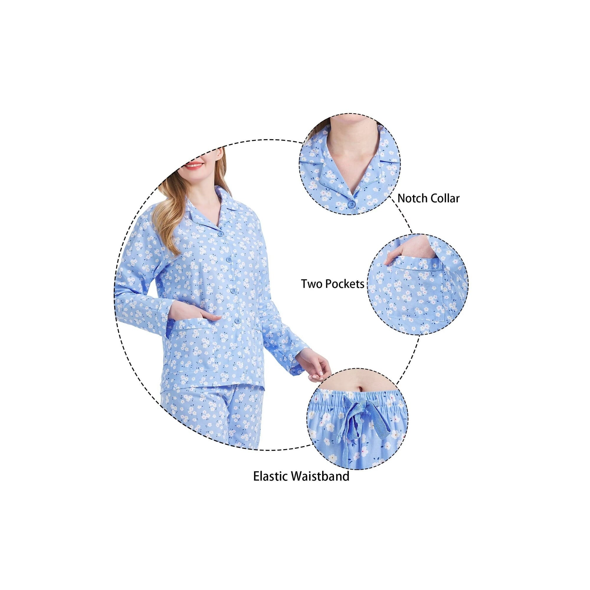 GLOBAL Womens 100% Cotton Notch Collar Pajama Set Homewear with Pockets, Spring & Summer, 2-Piece, Sizes S to 3X