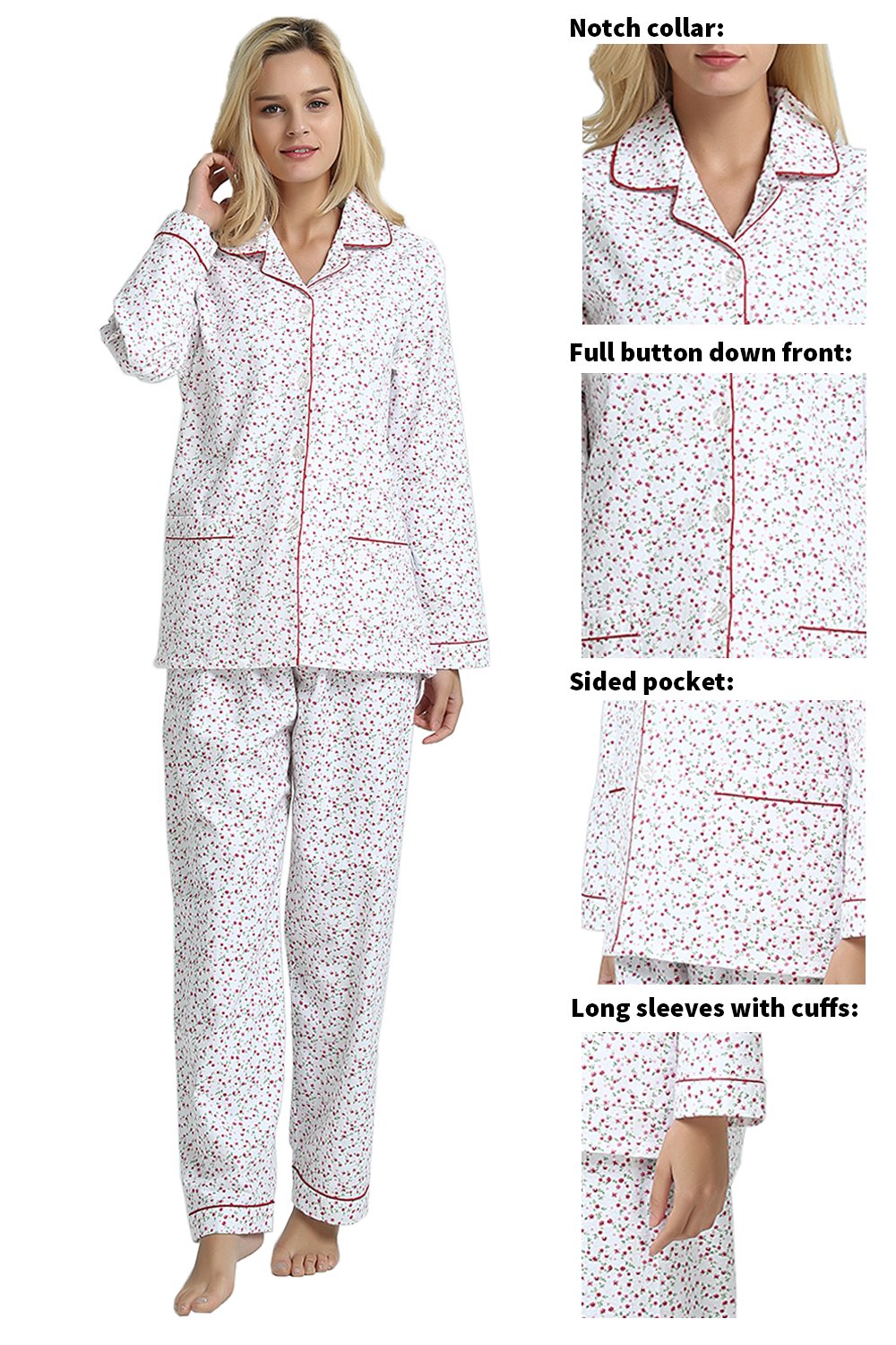 GLOBAL Womens Flannel Cotton Pajama Set Long PJs Cozy Winter Flannel Loungewear Sleepwear