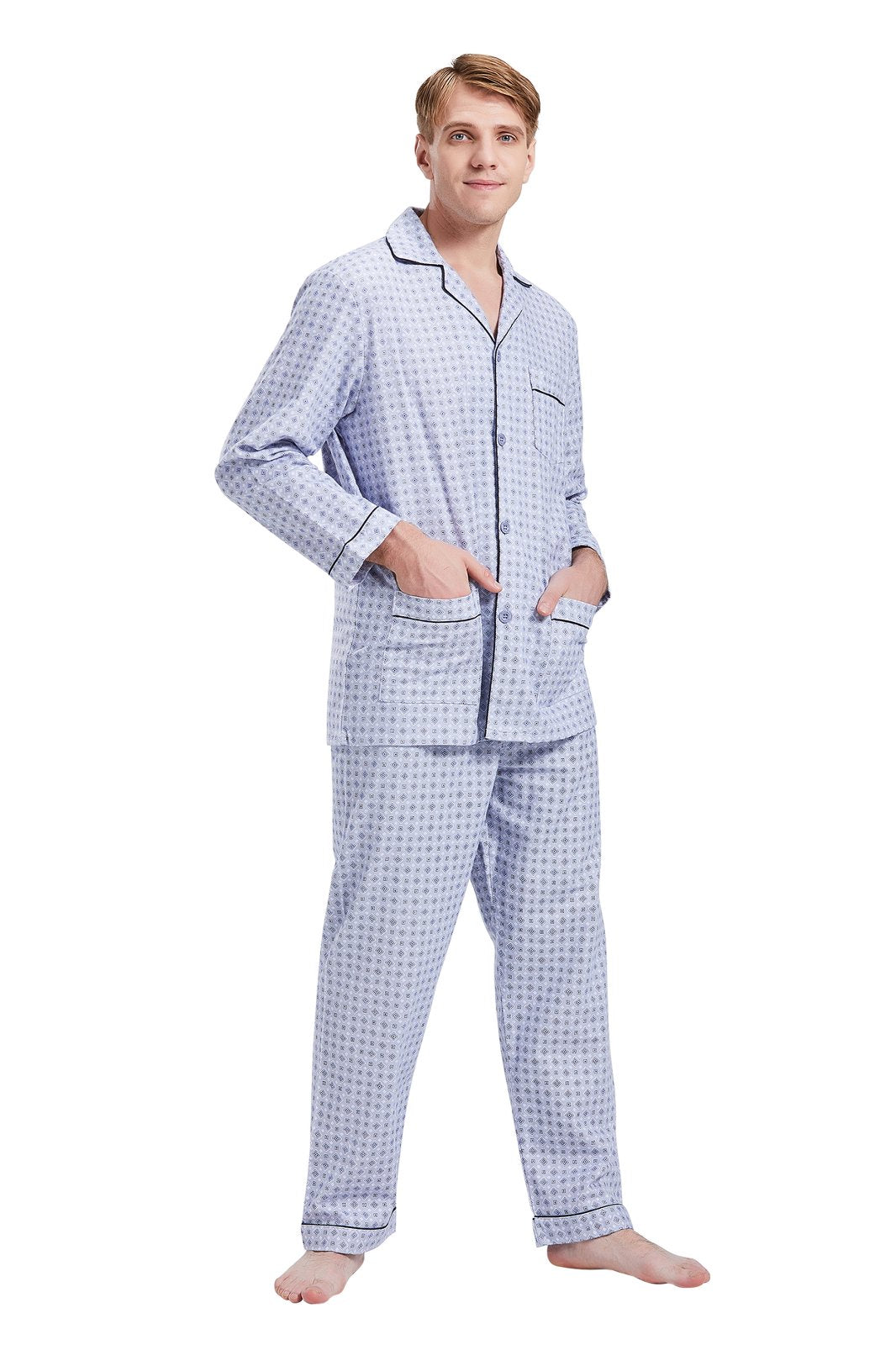 GLOBAL Mens Pajamas Sets Cotton Flannel Sleepwear Long-Sleeve Top & Bottom, S-XXL