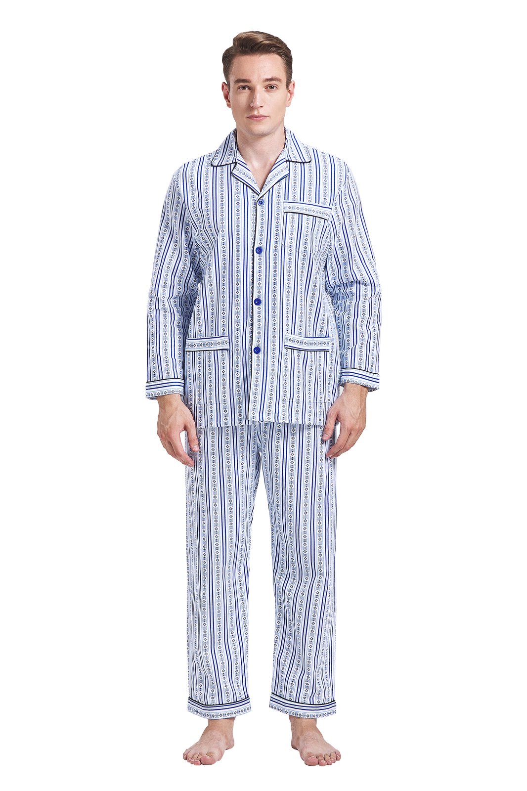 GLOBAL Men's Cotton Flannel Pajama Set, Long Sleeve Button‑Down Top & Long Pants Sleepwear, Soft Warm Loungewear, S-3XL