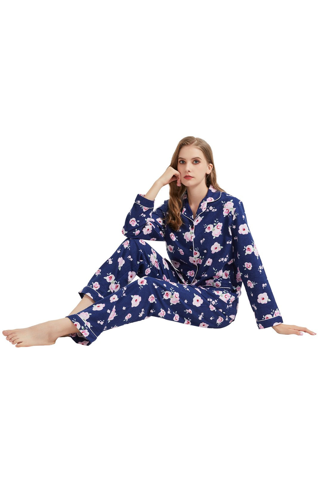 GLOBAL Womens Flannel Cotton Pajama Set Long PJs Flannel Loungewear Sleepwear,Size S-3XL