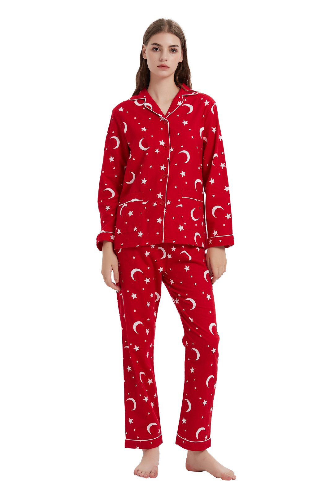 GLOBAL Womens Flannel Cotton Pajama Set Long PJs Flannel Loungewear Sleepwear,Size S-3XL