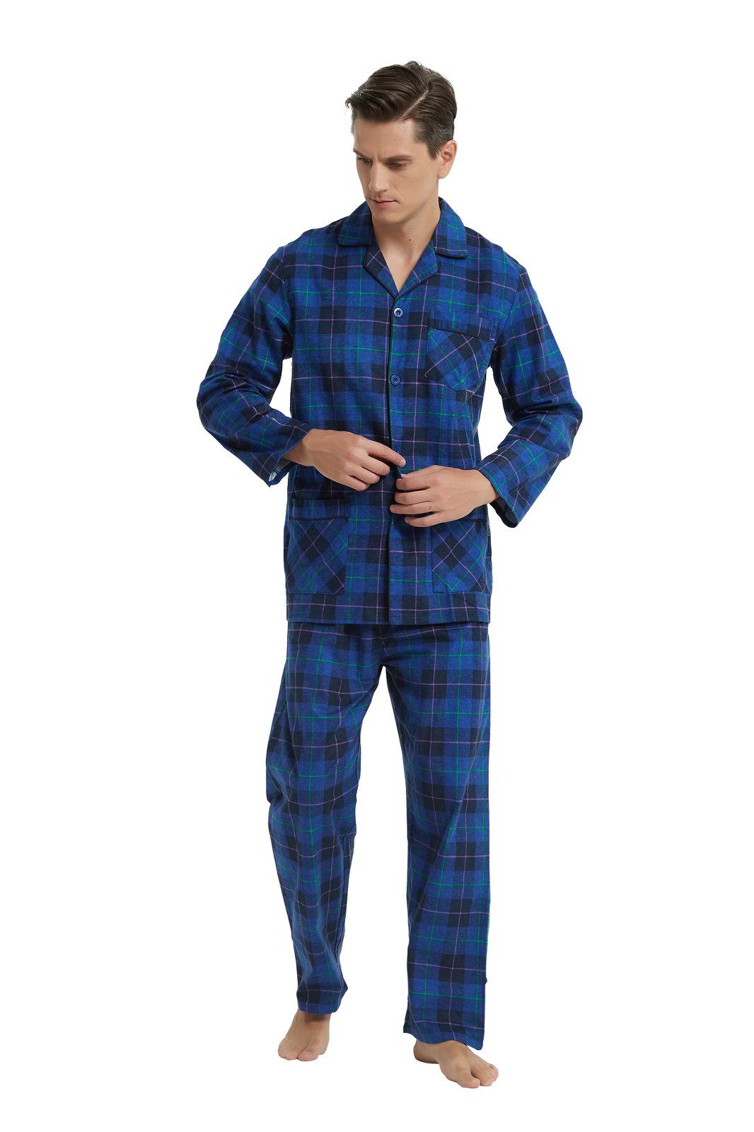 GLOBAL Men's Long Sleeve Flannel Pajamas Sets 100% Cotton Sleepwear Top and Bottom