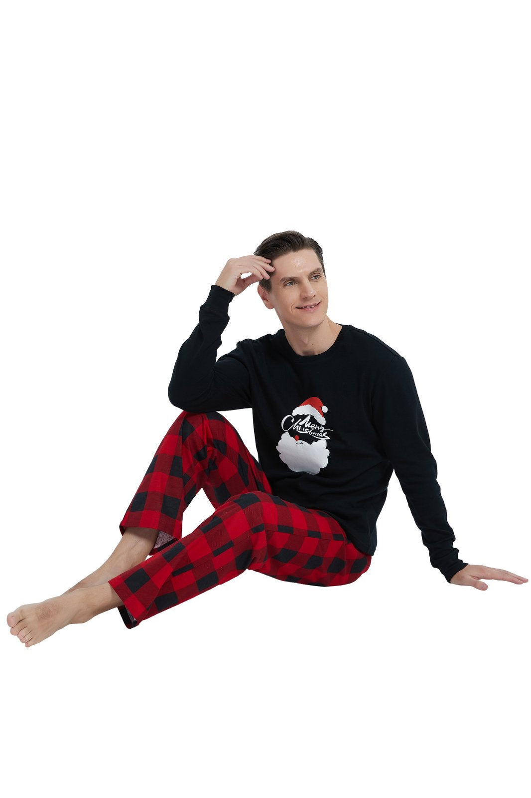 GLOBAL Men's Cotton Knit Top Flannel Pants Sleepwear Matching Pajamas for Couple Pjs for Family, Size S-3XL