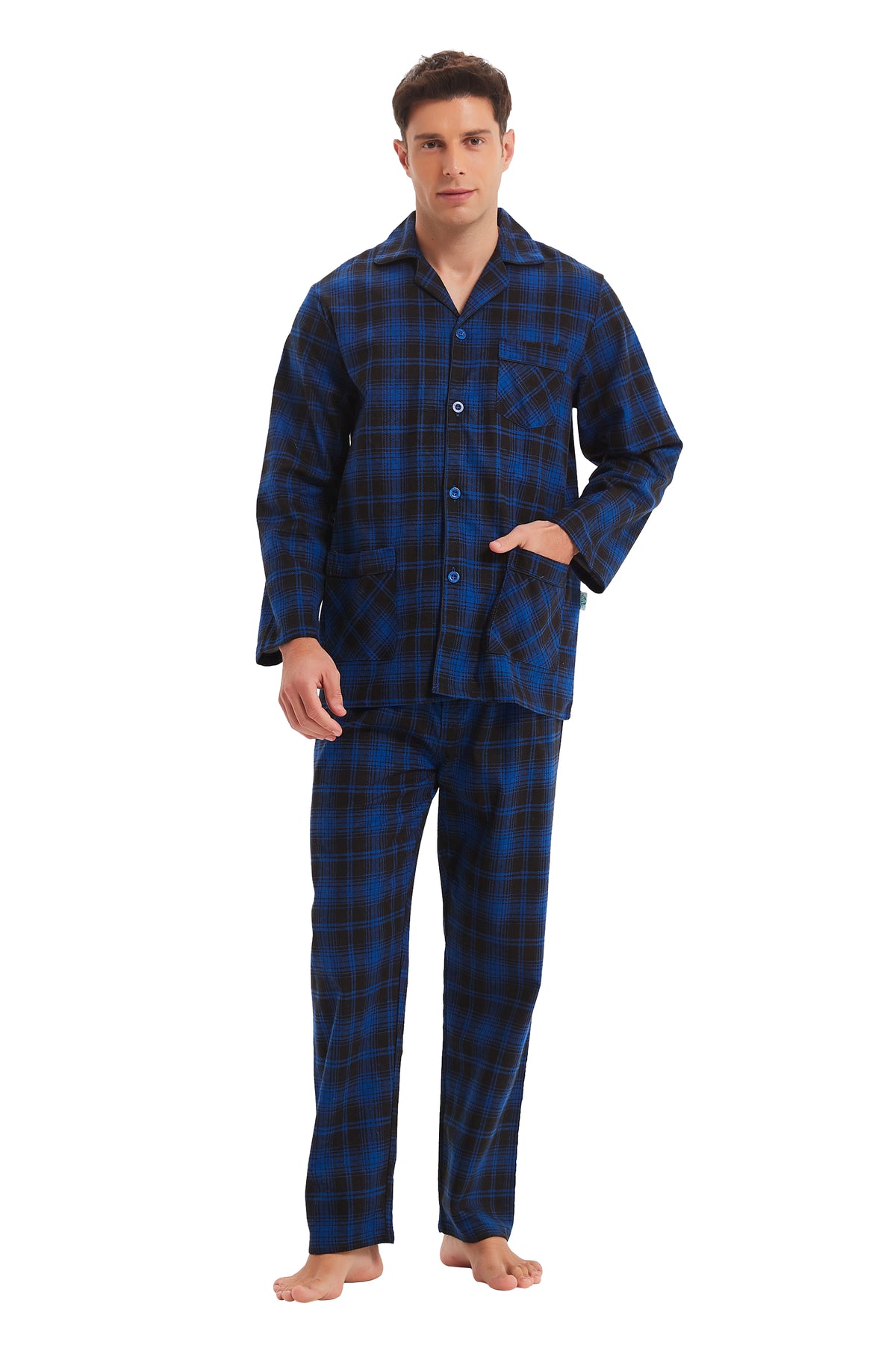 GLOBAL Men's Cotton Flannel Pajama Set, Long Sleeve Button‑Down Top & Long Pants Sleepwear, Soft Warm Loungewear, S-3XL