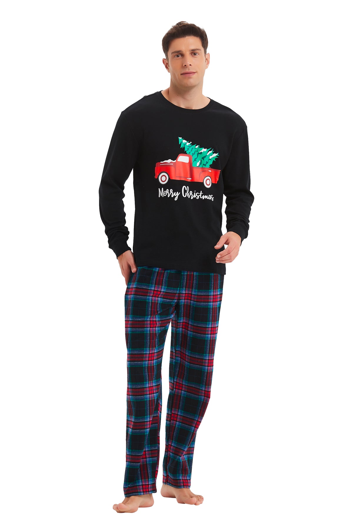 GLOBAL Men's Cotton Knit Top Flannel Pants Sleepwear Matching Pajamas for Couple Pjs for Family, Size S-3XL