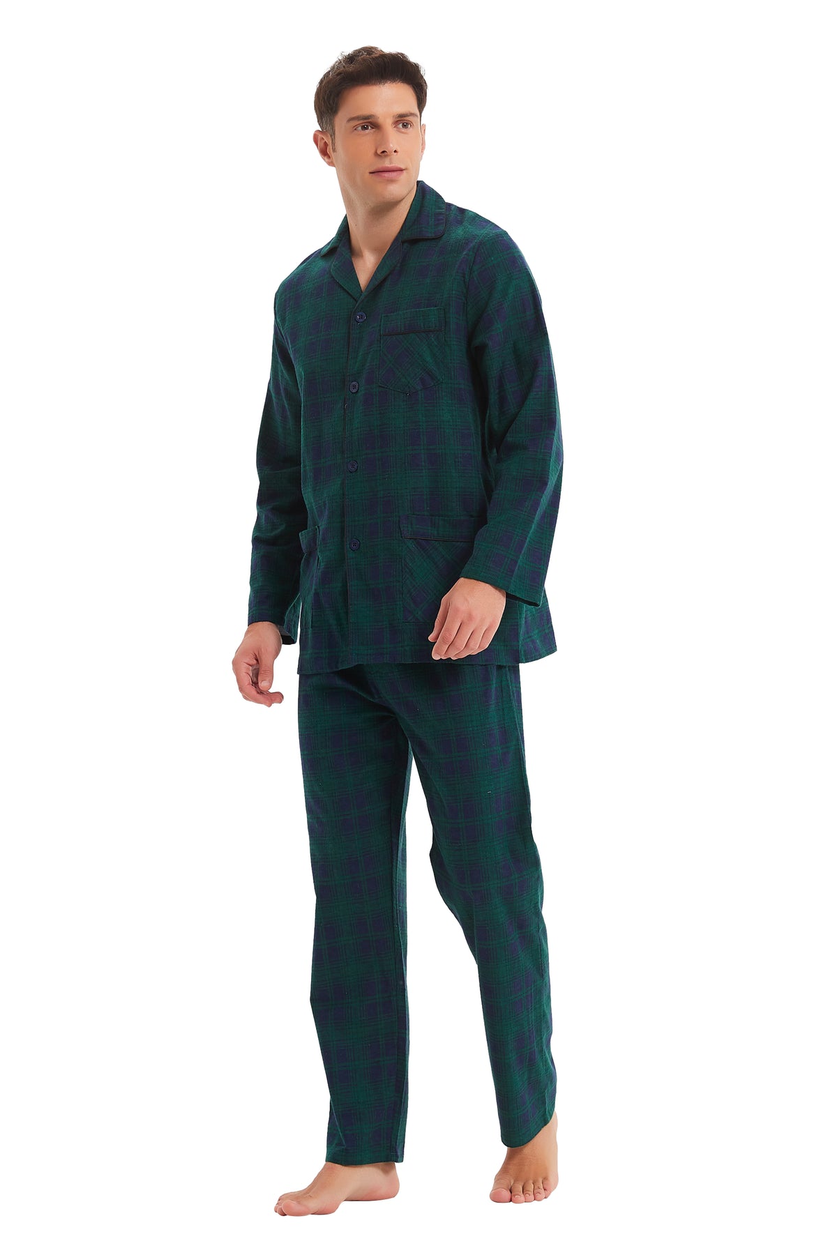GLOBAL Men's Cotton Flannel Pajama Set, Long Sleeve Button‑Down Top & Long Pants Sleepwear, Soft Warm Loungewear, S-3XL