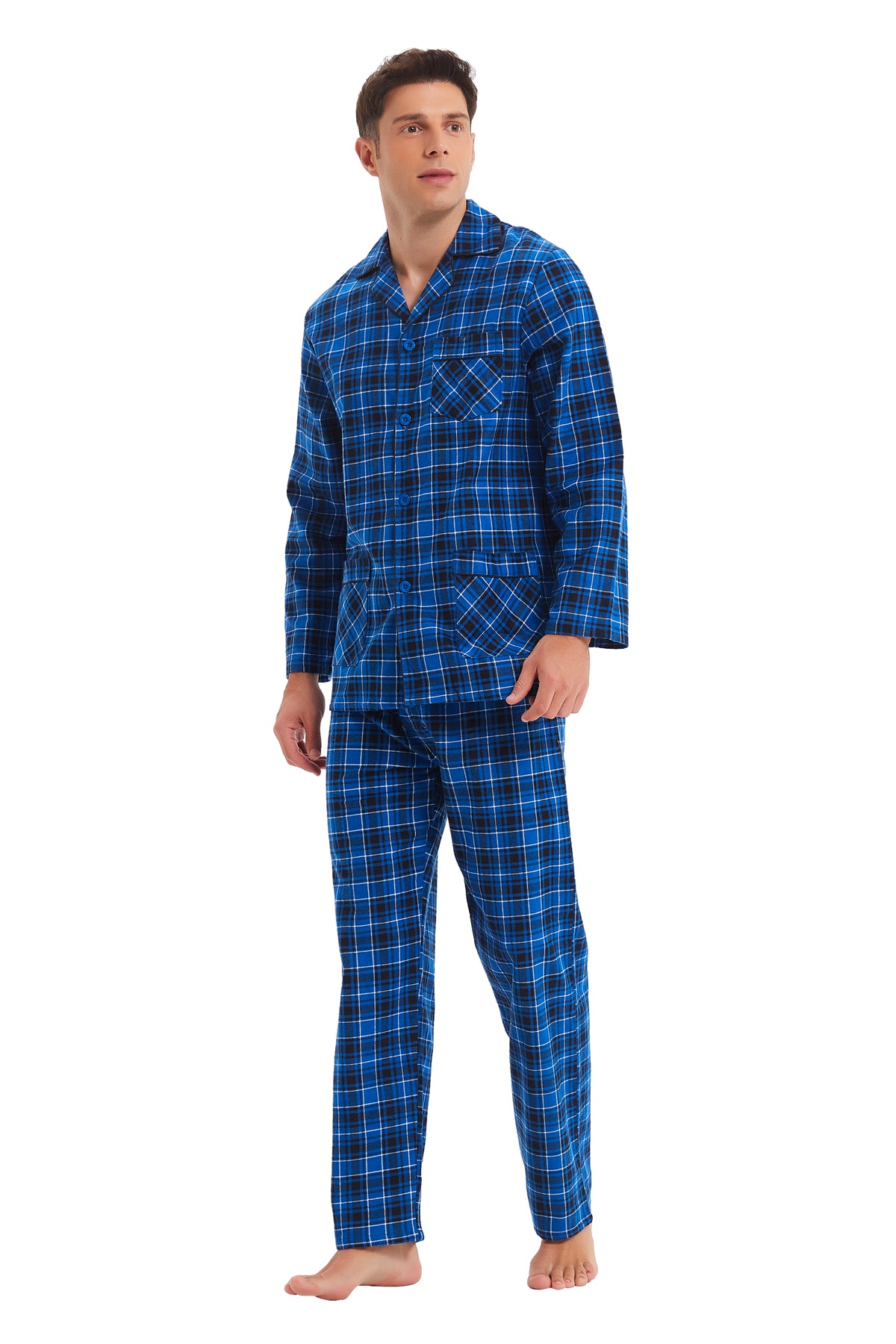 GLOBAL Men's Cotton Flannel Pajama Set, Long Sleeve Button‑Down Top & Long Pants Sleepwear, Soft Warm Loungewear, S-3XL