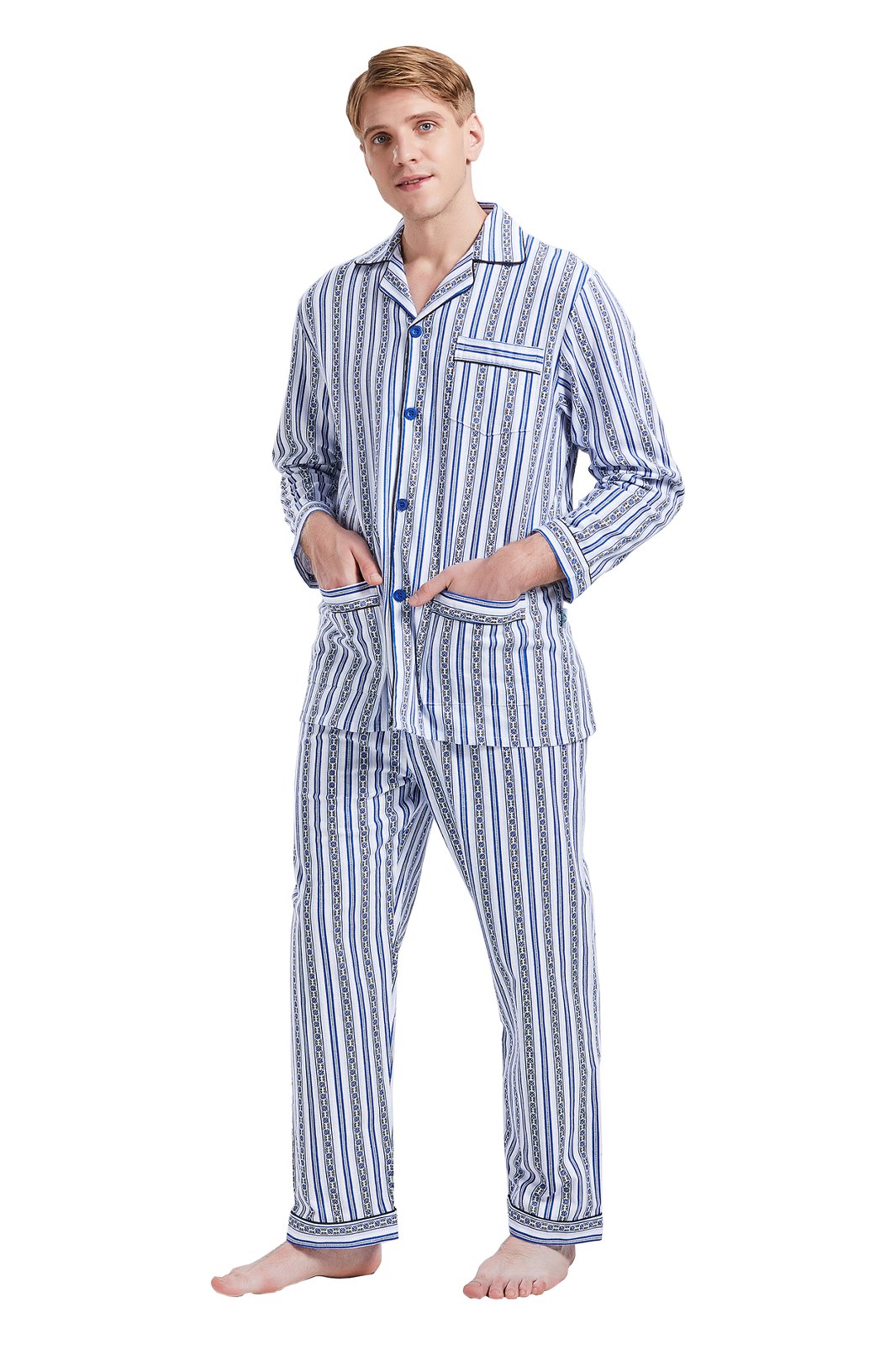 GLOBAL Mens Pajamas Sets Cotton Flannel Sleepwear Long-Sleeve Top & Bottom, S-XXL