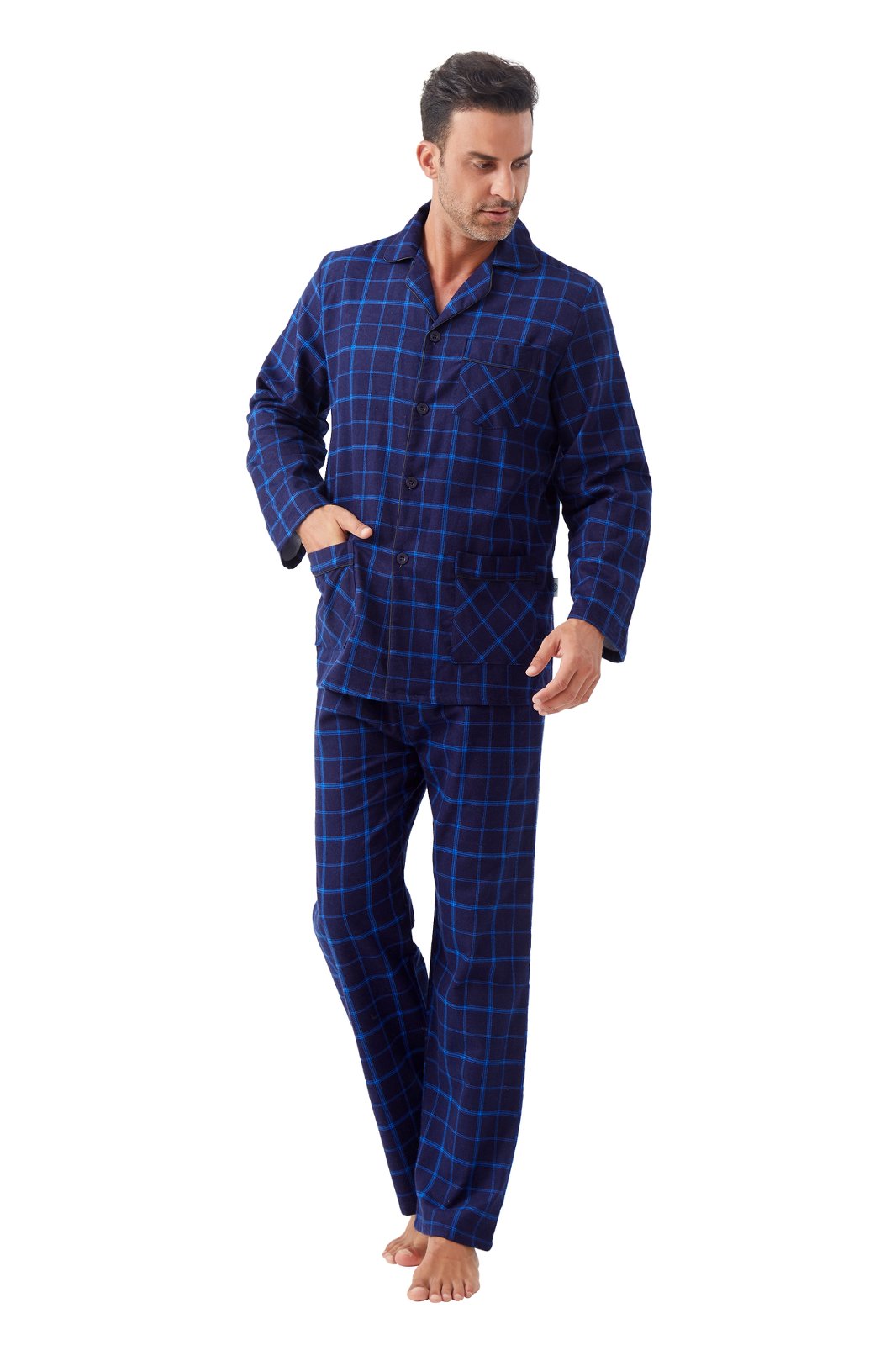 GLOBAL Men's Cotton Flannel Pajama Set, Long Sleeve Button‑Down Top & Long Pants Sleepwear, Soft Warm Loungewear, S-3XL