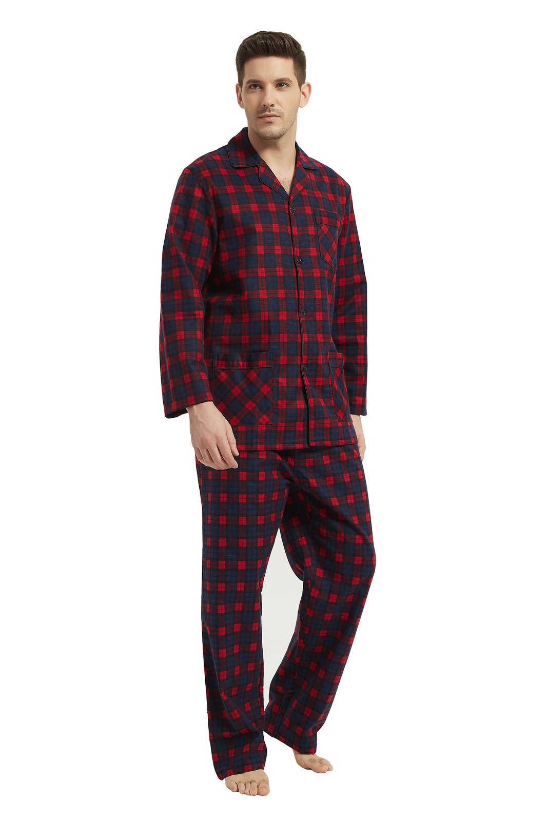 Amaxer Mens Cotton Flannel Pajama Set, Long Sleeve Button‑Down Top & Elastic Waist Long Pants, Breathable Sleep Loungewear, Size M