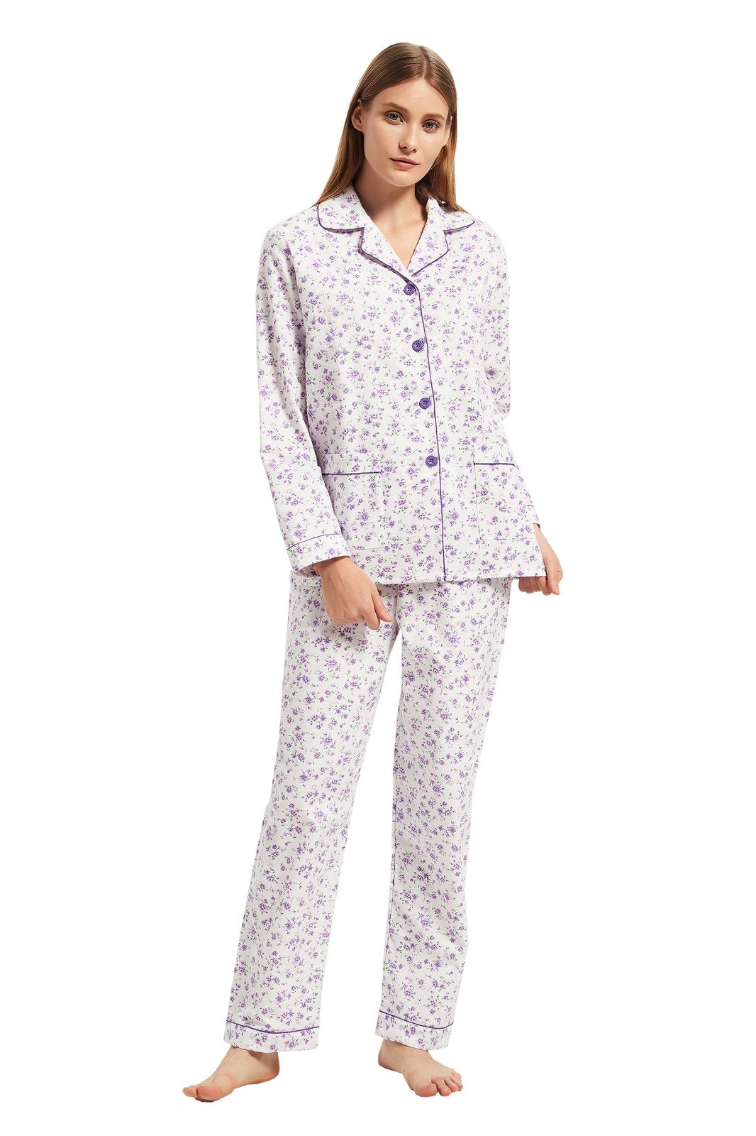 GLOBAL Womens Flannel Cotton Pajama Set Long PJs Cozy Winter Flannel Loungewear Sleepwear