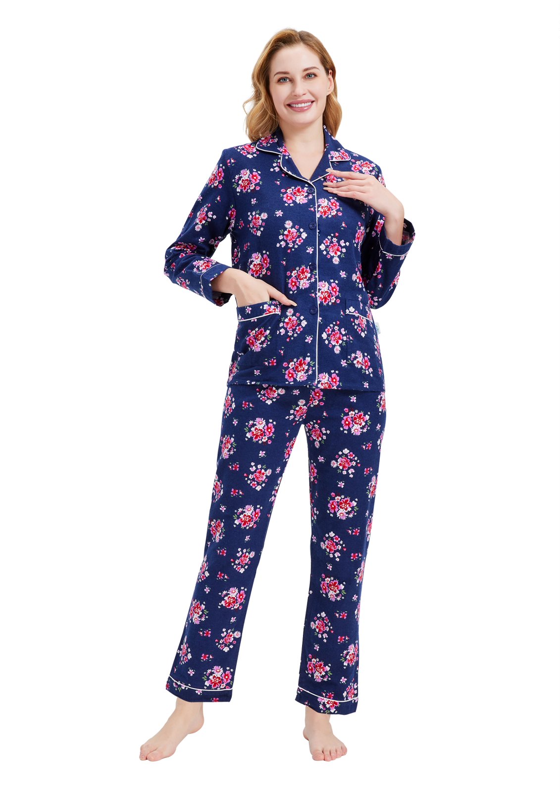 GLOBAL Women’s Flannel Pajama Set 100% Cotton Comfy PJs for Women Long Sleeve Button Front 2-Piece Warm and Cozy Sleepwear,Size S-3XL