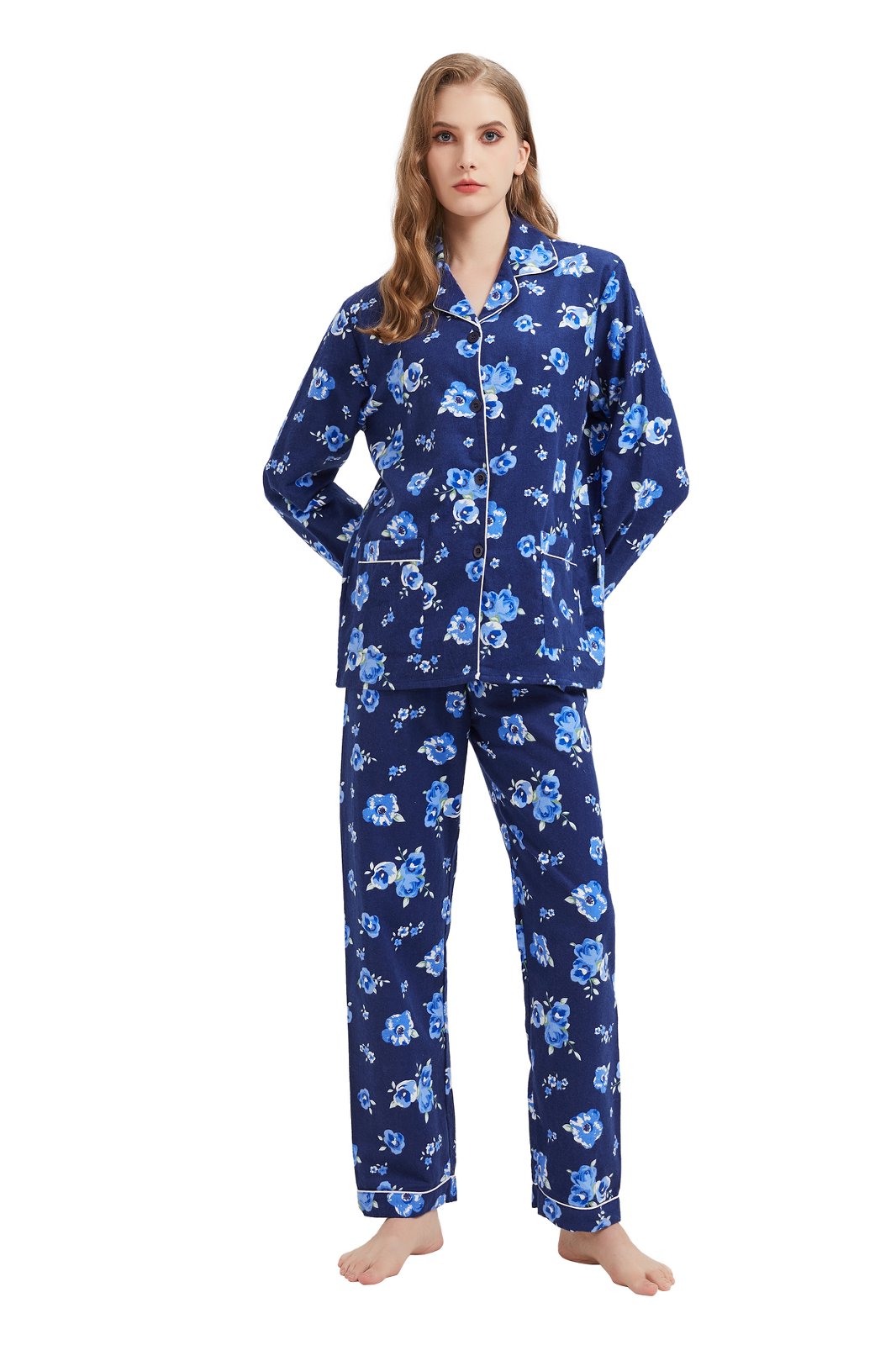 GLOBAL Womens Flannel Cotton Pajama Set Long PJs Flannel Loungewear Sleepwear,Size S-3XL