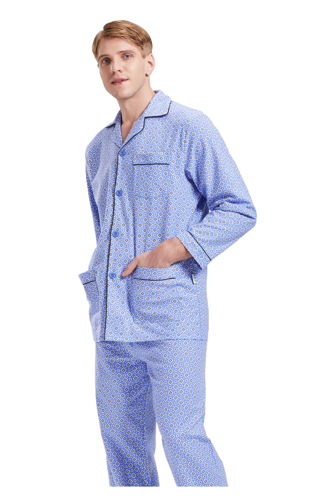 GLOBAL Men's Pajamas Sets 100% Cotton Flannel Sleepwear Long-Sleeve Top & Bottom
