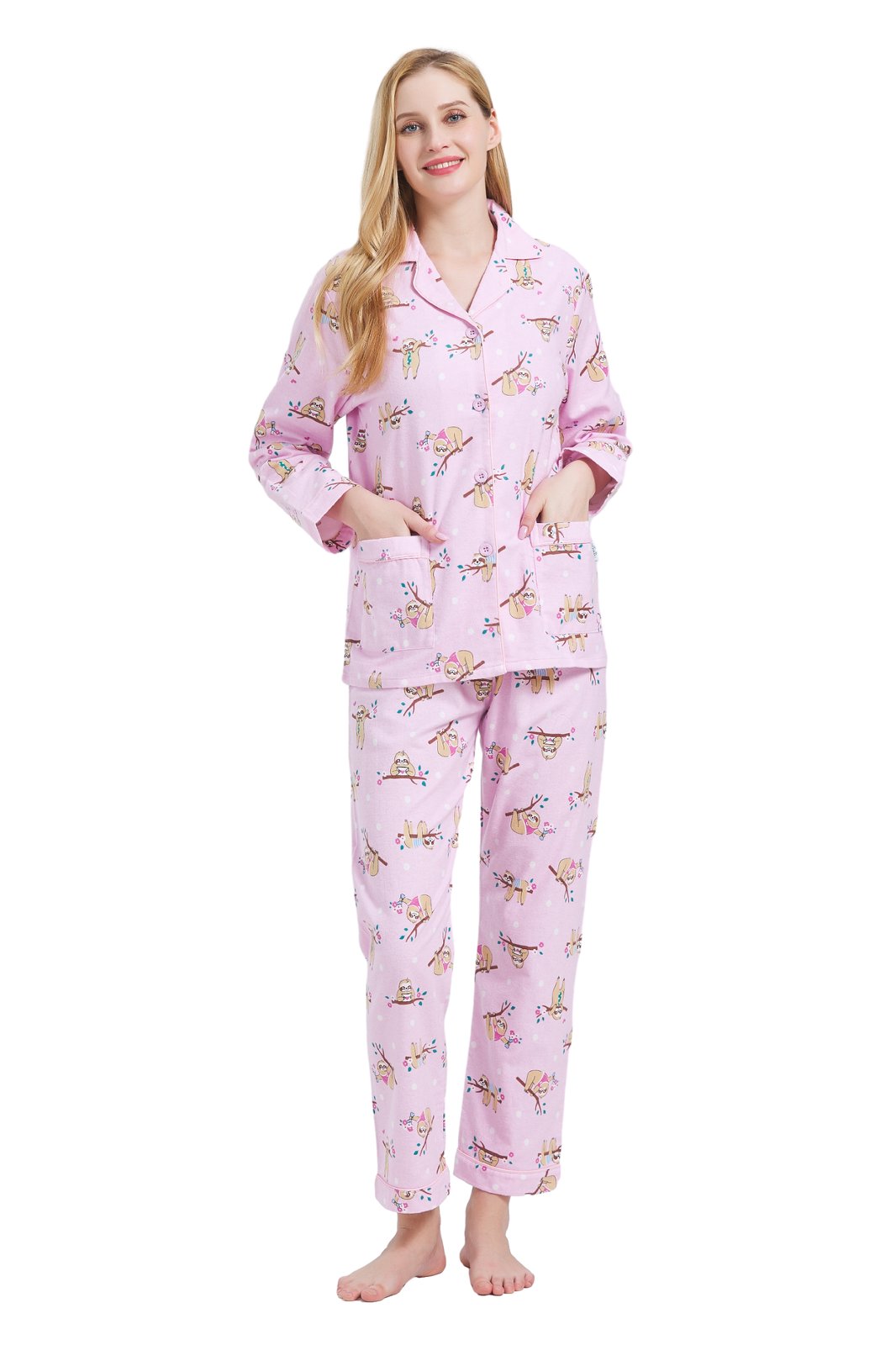 GLOBAL Womens Flannel Cotton Pajama Set Long PJs Cozy Winter Flannel Loungewear Sleepwear,Size S-3XL