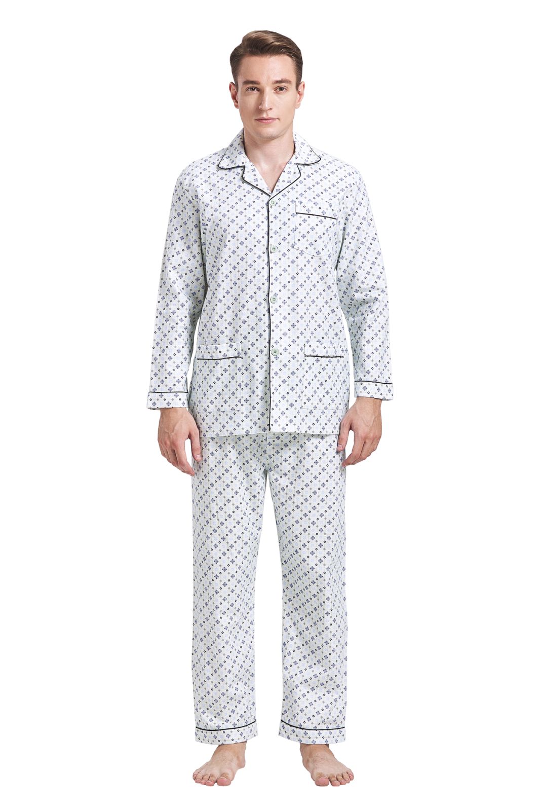 GLOBAL Men's Cotton Flannel Pajama Set, Long Sleeve Button‑Down Top & Long Pants Sleepwear, Soft Warm Loungewear, S-3XL