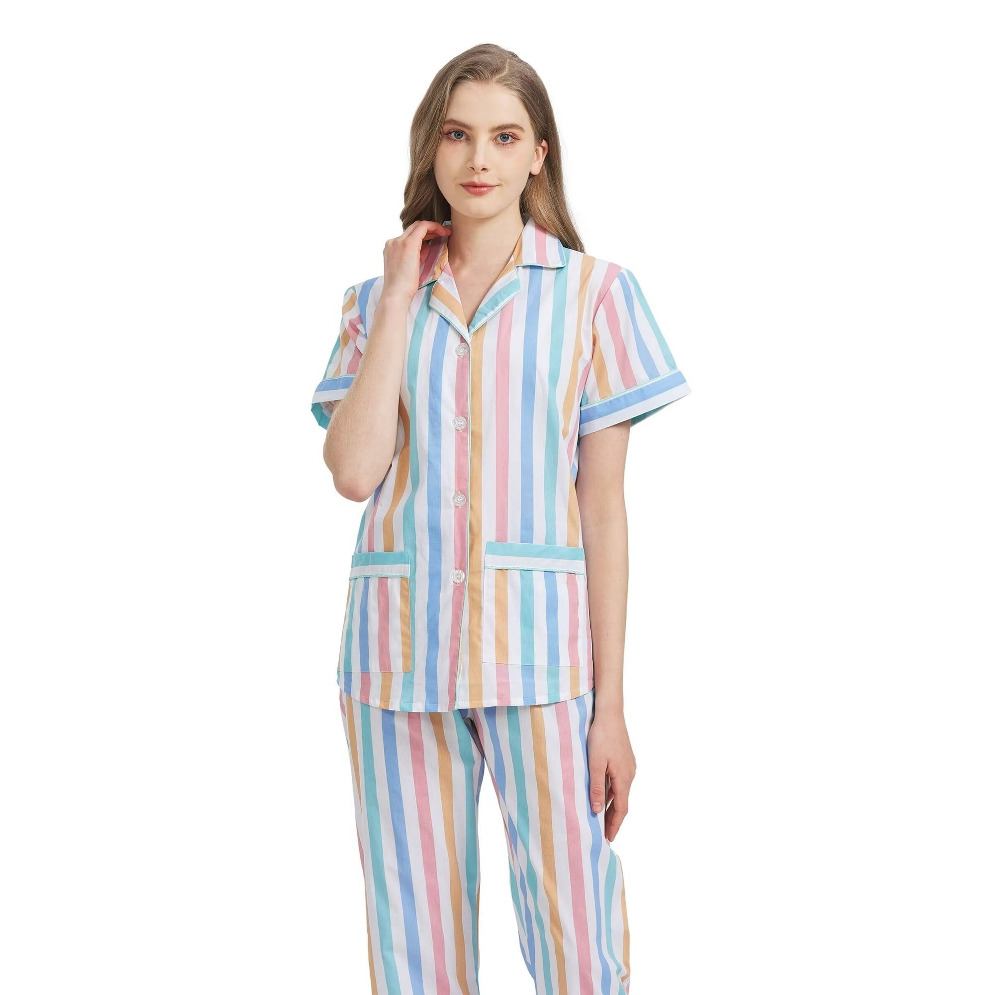 GLOBAL Women 100% Cotton Button Down Short Sleeve Top & Long Pants Summer Pajama Set with Pockets, 2-Piece, Sizes S to 3XL