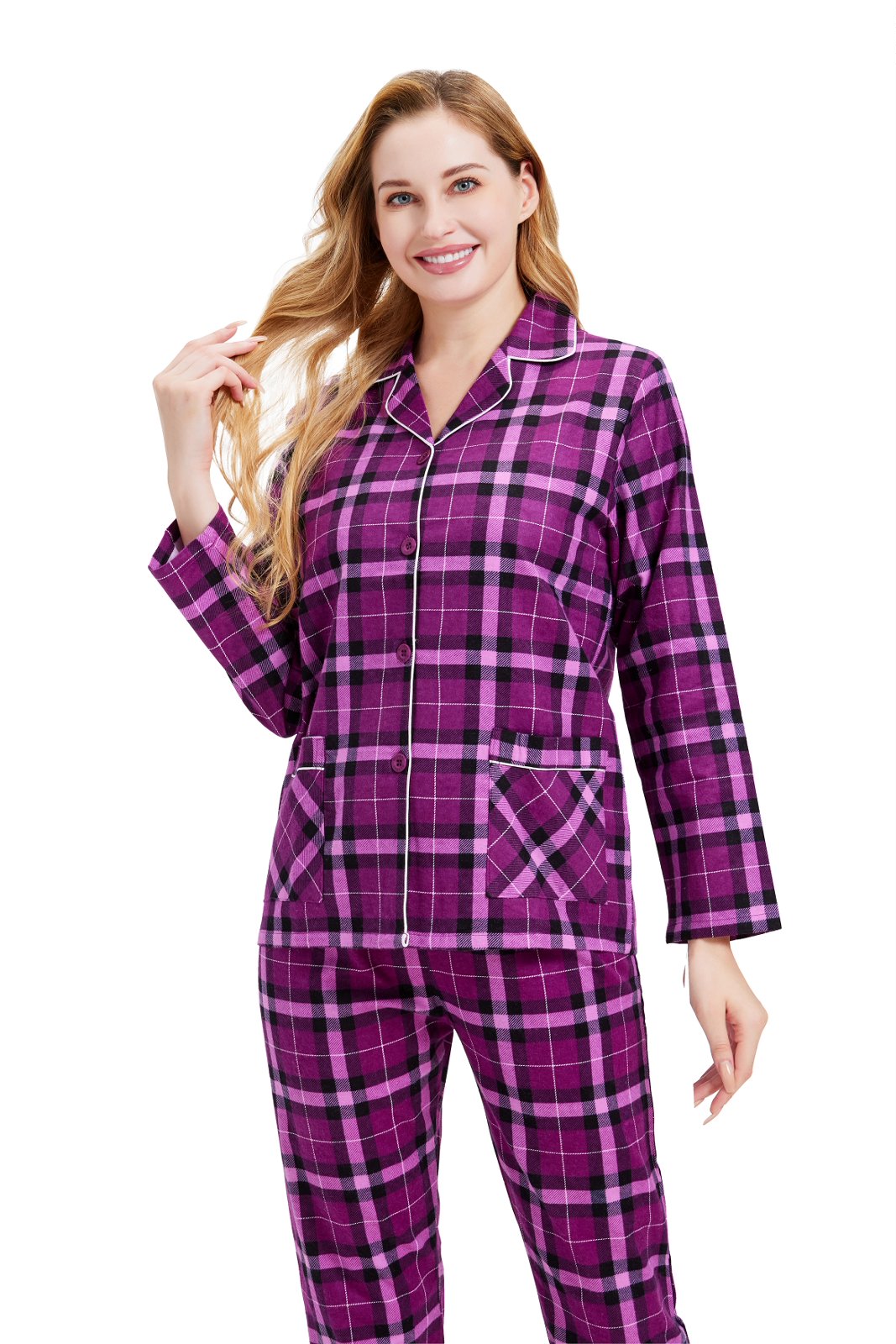 GLOBAL Women’s Flannel Pajama Set 100% Cotton Comfy PJs for Women Long Sleeve Button Front 2-Piece Warm and Cozy Sleepwear