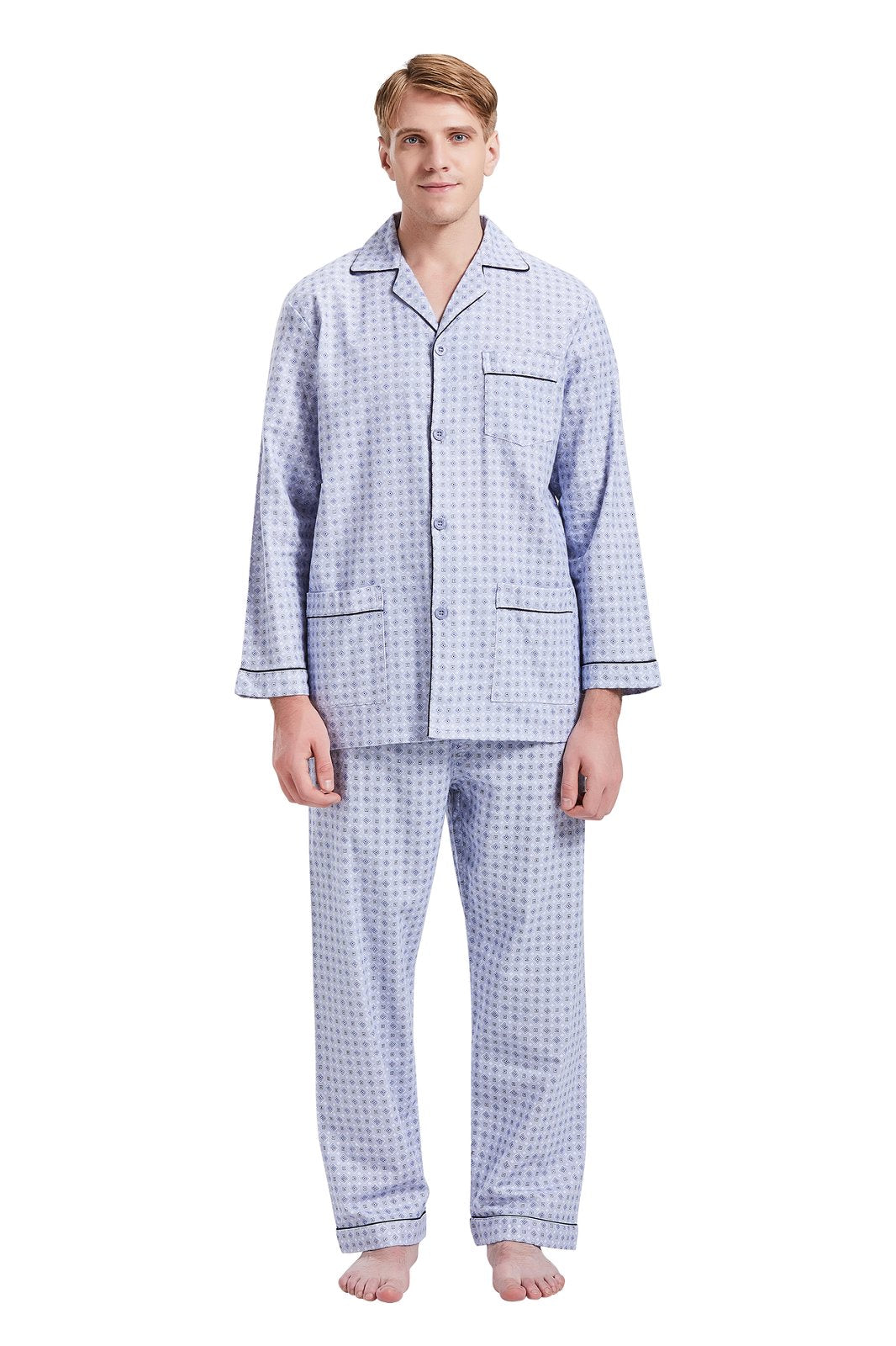 GLOBAL Mens Pajamas Sets Cotton Flannel Sleepwear Long-Sleeve Top & Bottom, S-XXL