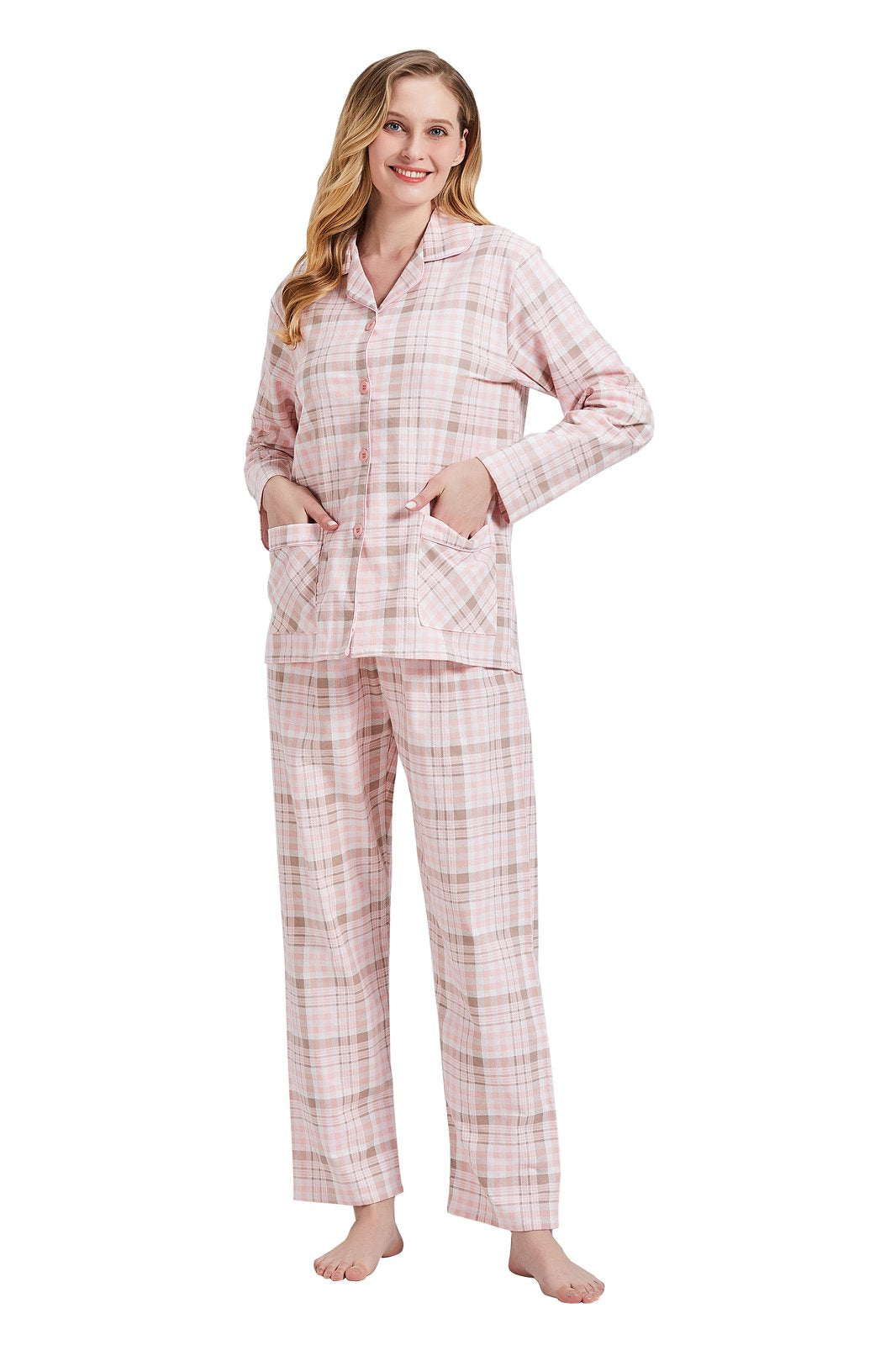 Amaxer Womens 100% Cotton Cozy Flannel Pajama Set - Long Sleeve Button-Up Top with Elastic Waist Pants, Warm & Soft Sleepwear