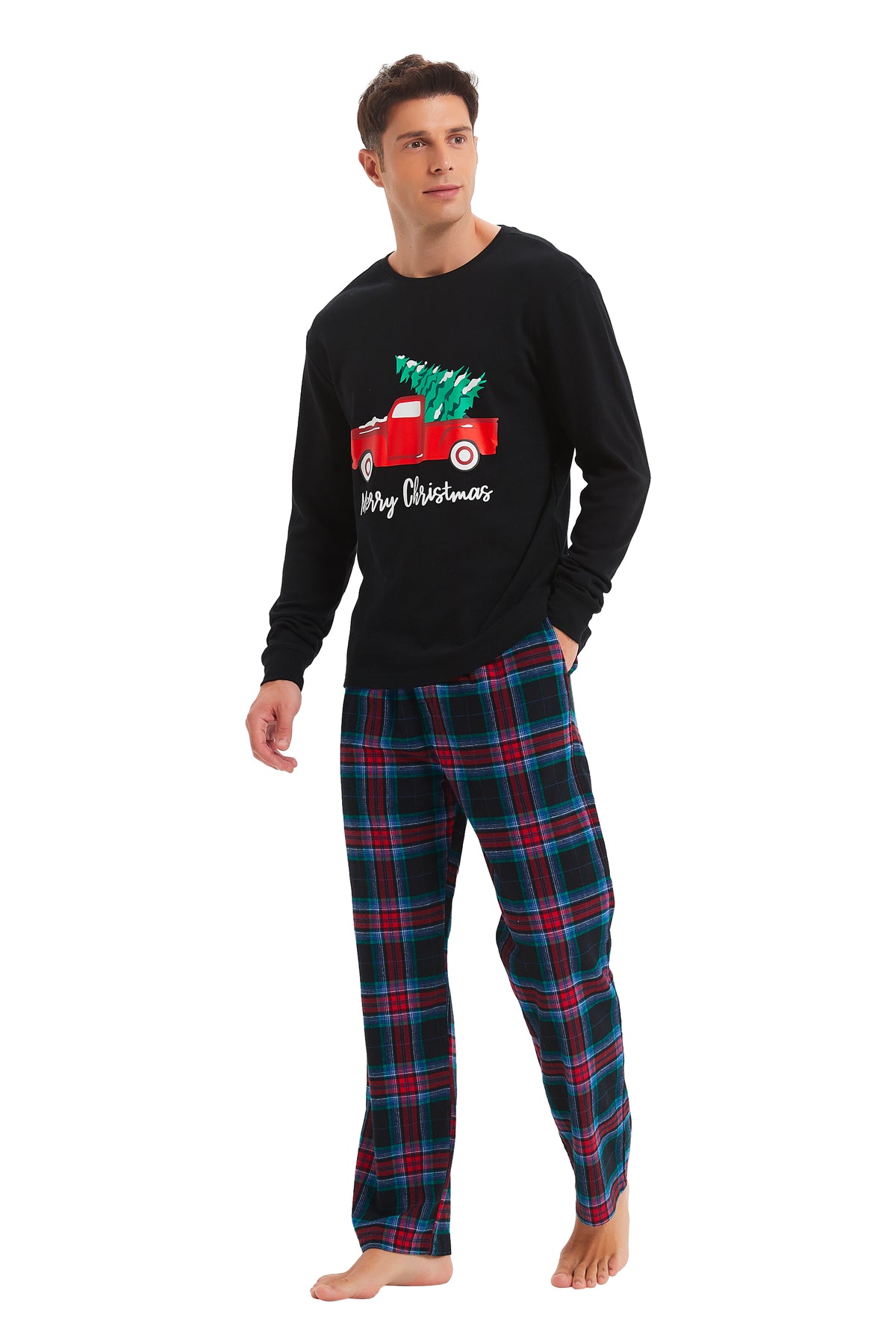 GLOBAL Men's Cotton Knit Top Flannel Pants Sleepwear Matching Pajamas for Couple Pjs for Family, Size S-3XL