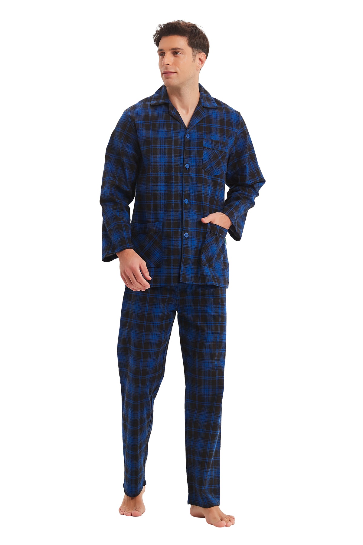 GLOBAL Men's Cotton Flannel Pajama Set, Long Sleeve Button‑Down Top & Long Pants Sleepwear, Soft Warm Loungewear, S-3XL