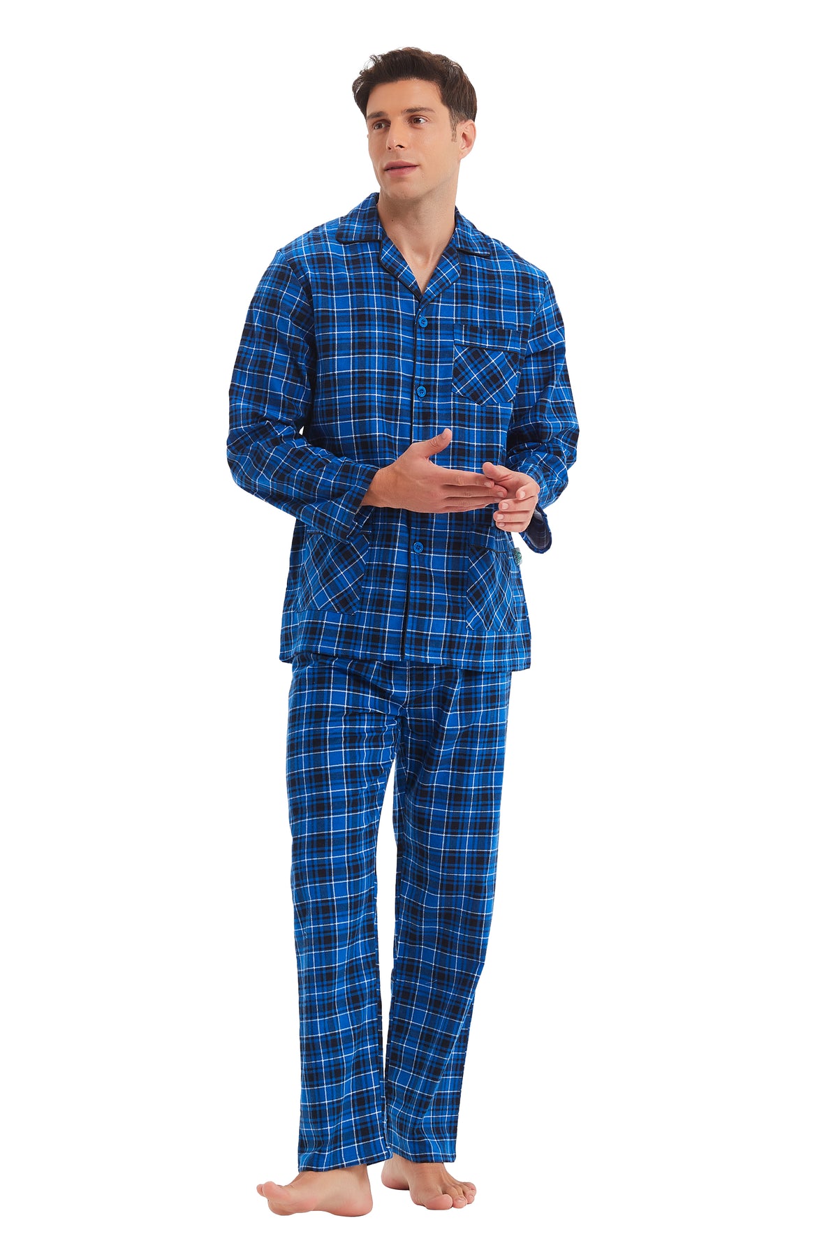 GLOBAL Men's Cotton Flannel Pajama Set, Long Sleeve Button‑Down Top & Long Pants Sleepwear, Soft Warm Loungewear, S-3XL