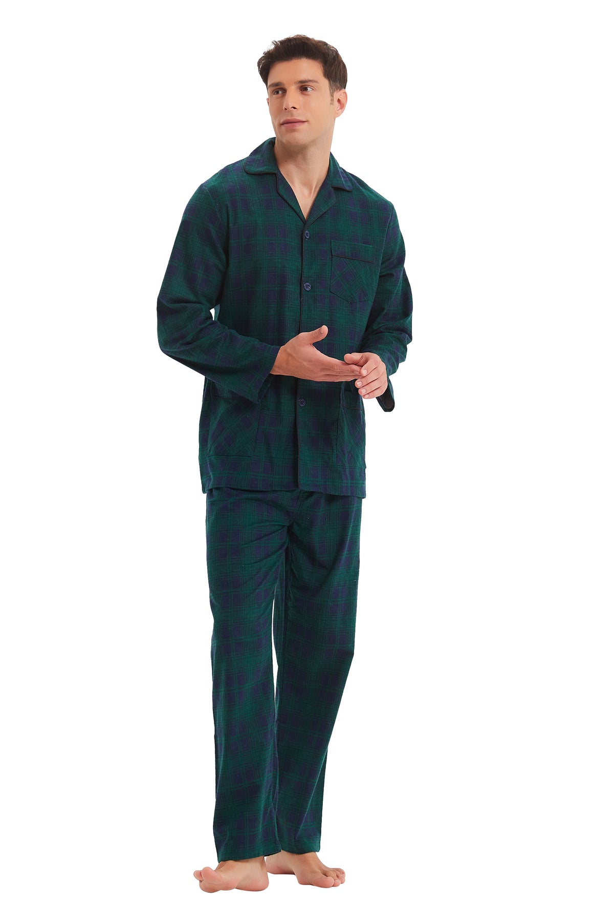 GLOBAL Men's Cotton Flannel Pajama Set, Long Sleeve Button‑Down Top & Long Pants Sleepwear, Soft Warm Loungewear, S-3XL