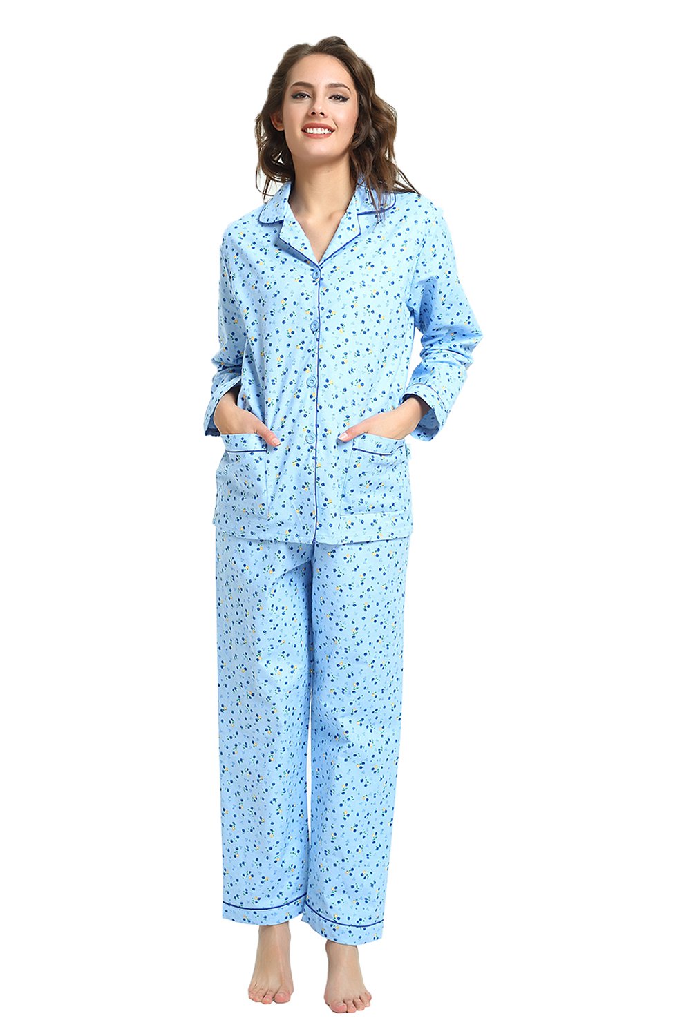 GLOBAL Women's 100% Cotton Flannel Pajama Set - Cozy Winter 2-Piece Loungewear with Button-Down Top & Pants