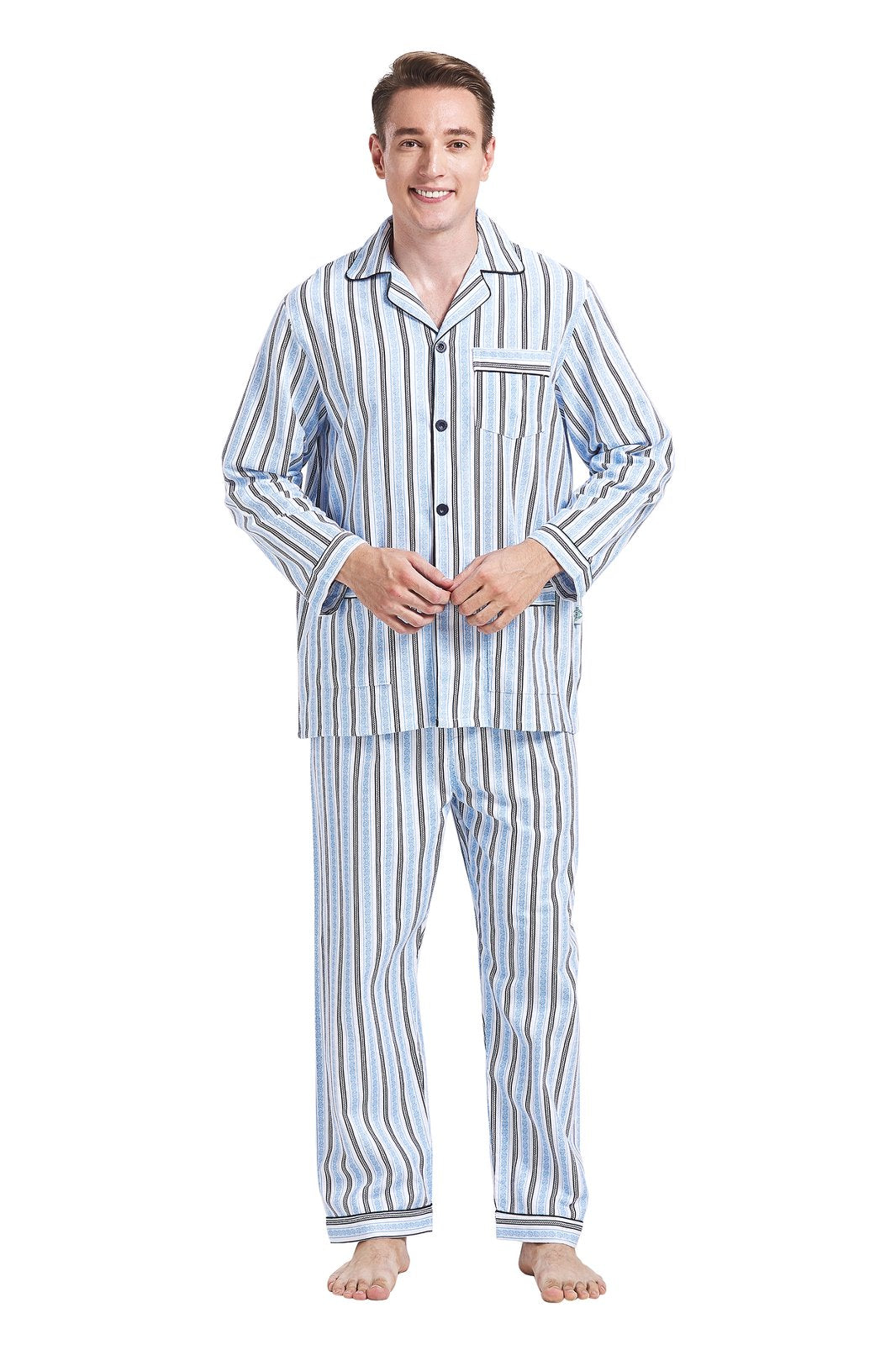 GLOBAL Men's Pajamas Sets 100% Cotton Flannel Sleepwear Long-Sleeve Top & Bottom