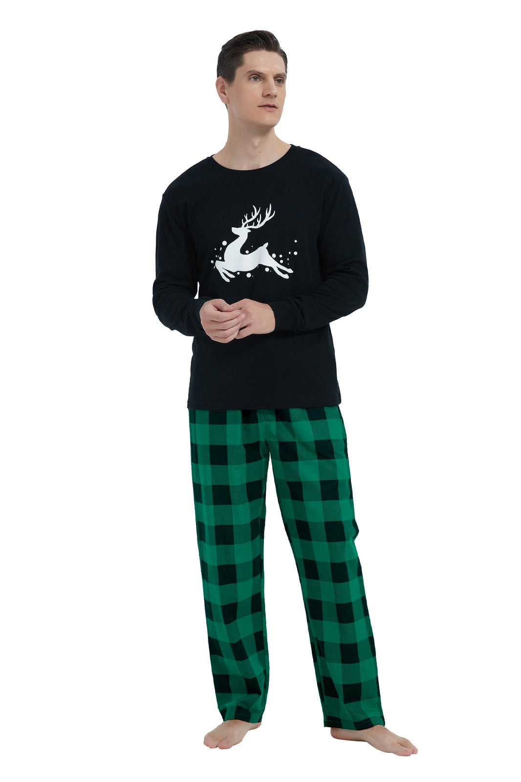 GLOBAL Men's Cotton Knit Top Flannel Pants Sleepwear Matching Pajamas for Couple Pjs for Family, Size S-3XL