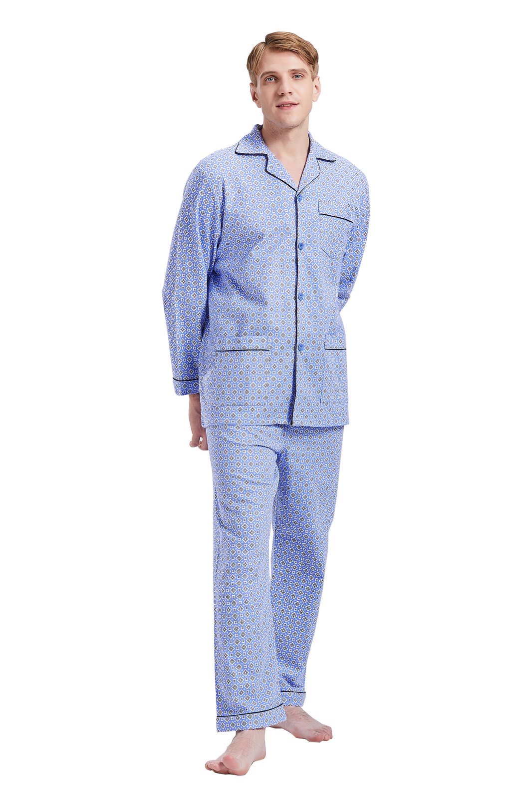 GLOBAL Men's Pajamas Sets 100% Cotton Flannel Sleepwear Long-Sleeve Top & Bottom