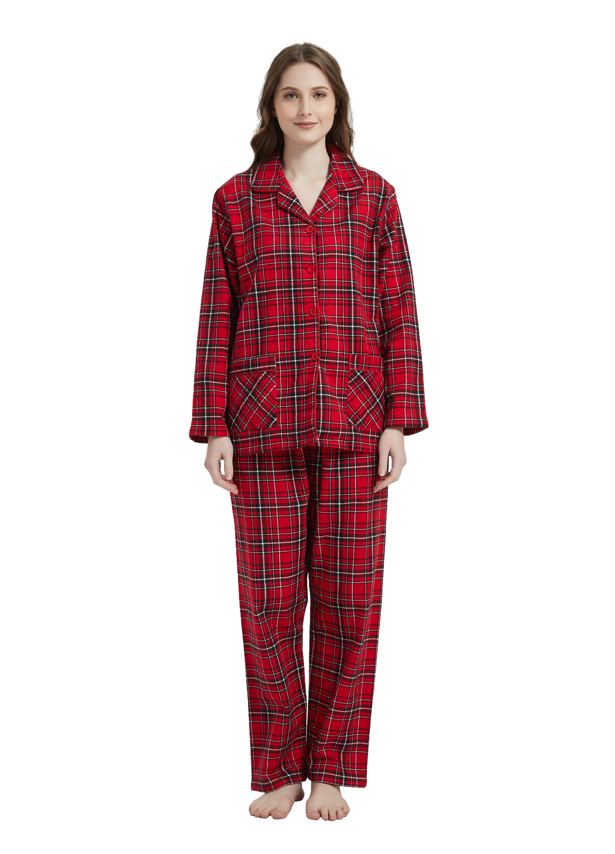 GLOBAL Womens Cotton Flannel Pajama Set - Cozy Winter 2-Piece Loungewear with Button-Down Top & Pants