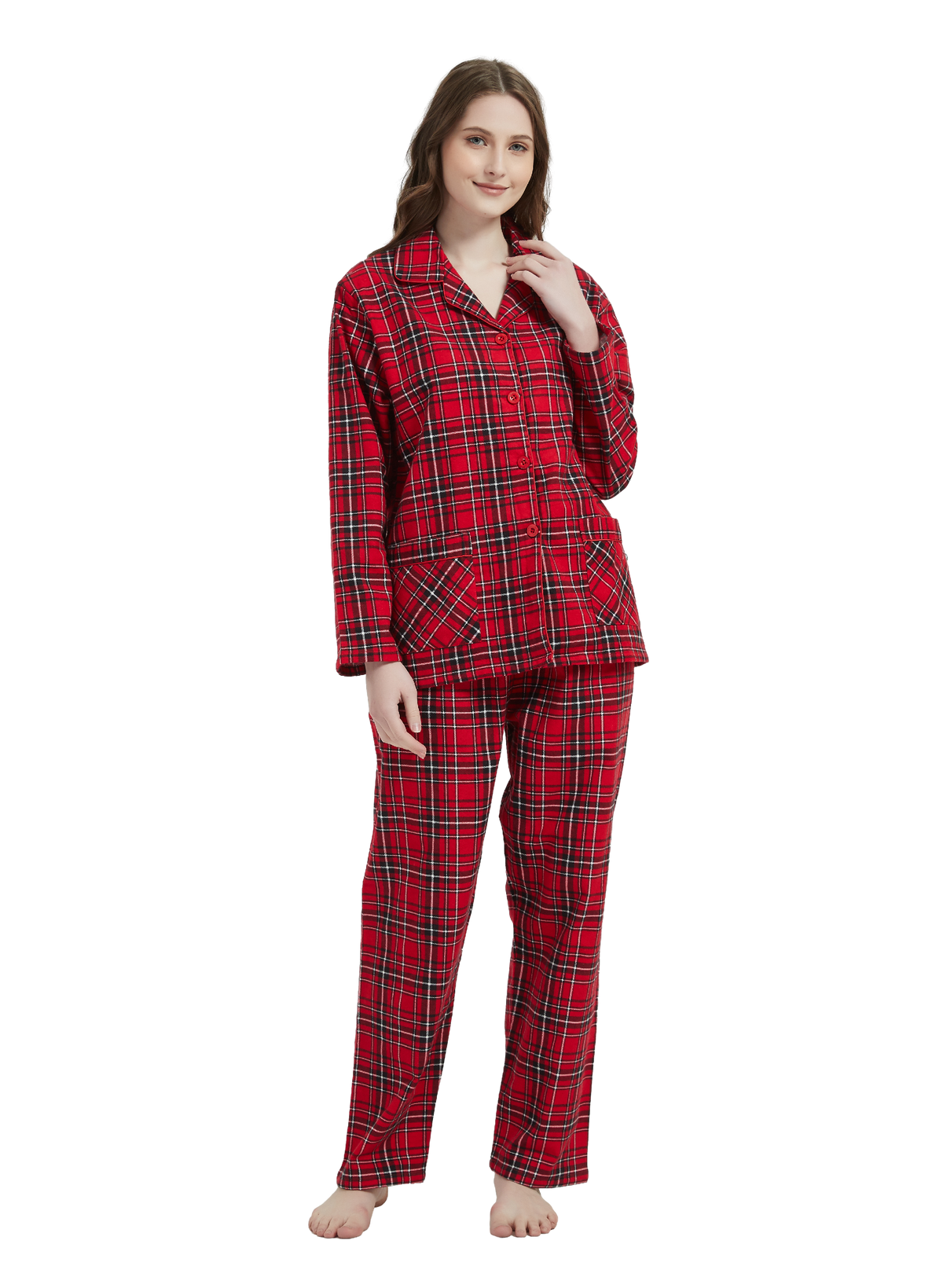 GLOBAL Womens Cotton Flannel Pajama Set - Cozy Winter 2-Piece Loungewear with Button-Down Top & Pants