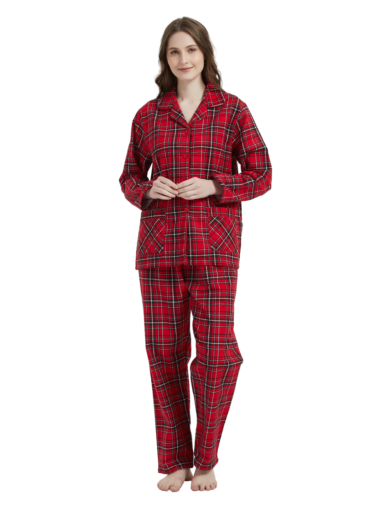 GLOBAL Womens Cotton Flannel Pajama Set - Cozy Winter 2-Piece Loungewear with Button-Down Top & Pants