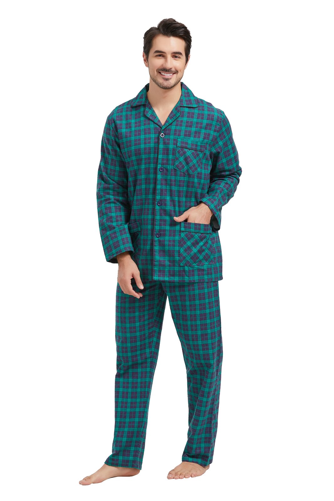 Amaxer Mens Cotton Flannel Pajama Set, Long Sleeve Button‑Down Top & Elastic Waist Long Pants, Breathable Sleep Loungewear, Size 3XL