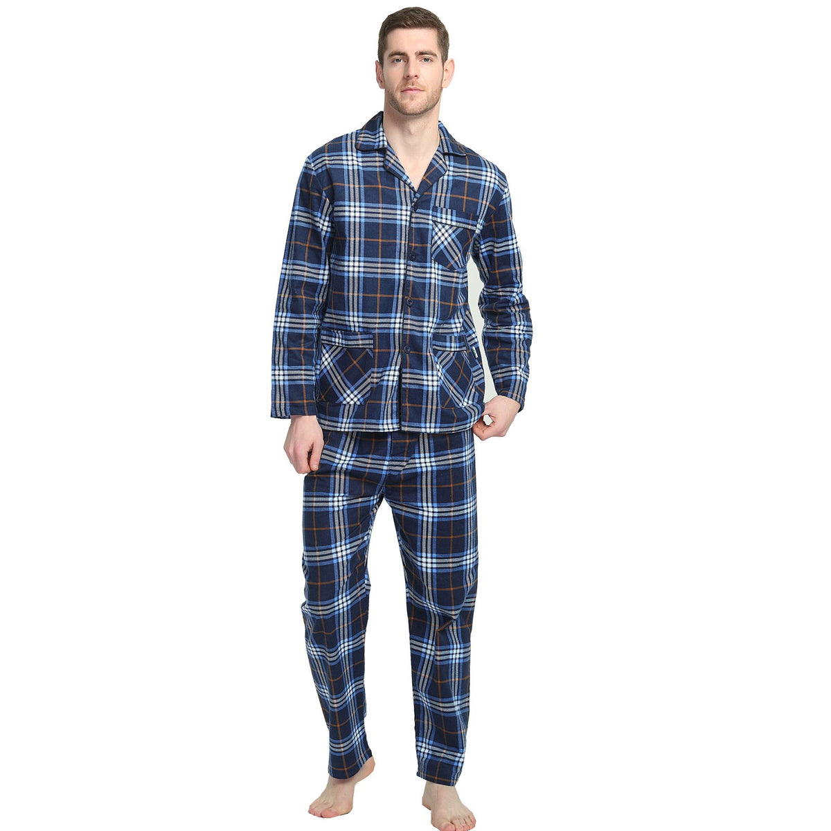 GLOBAL Men's Long Sleeve Flannel Pajamas Sets 100% Cotton Sleepwear Top and Bottom