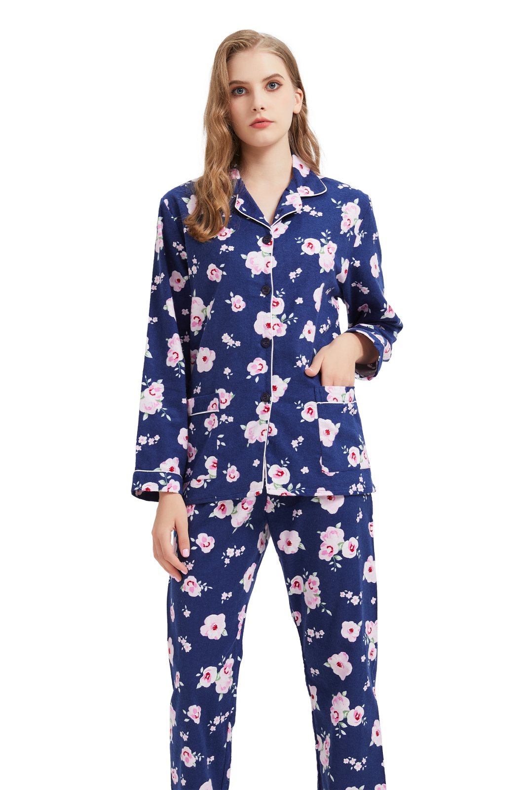 GLOBAL Womens Flannel Cotton Pajama Set Long PJs Flannel Loungewear Sleepwear,Size S-3XL