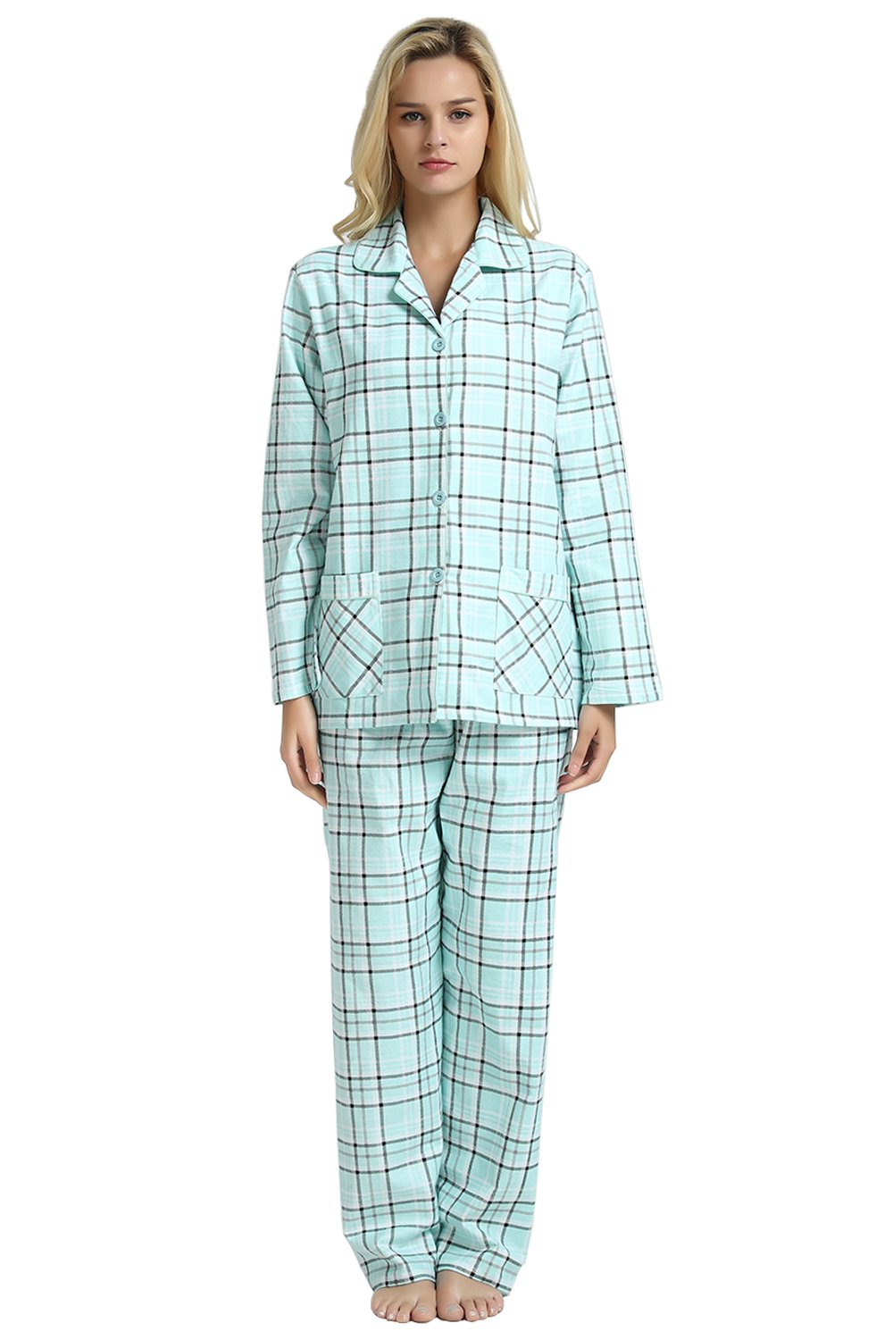 GLOBAL Women’s Flannel Pajama Set 100% Cotton Comfy PJs for Women Long Sleeve Button Front 2-Piece Warm and Cozy Sleepwear,Size S-3XL