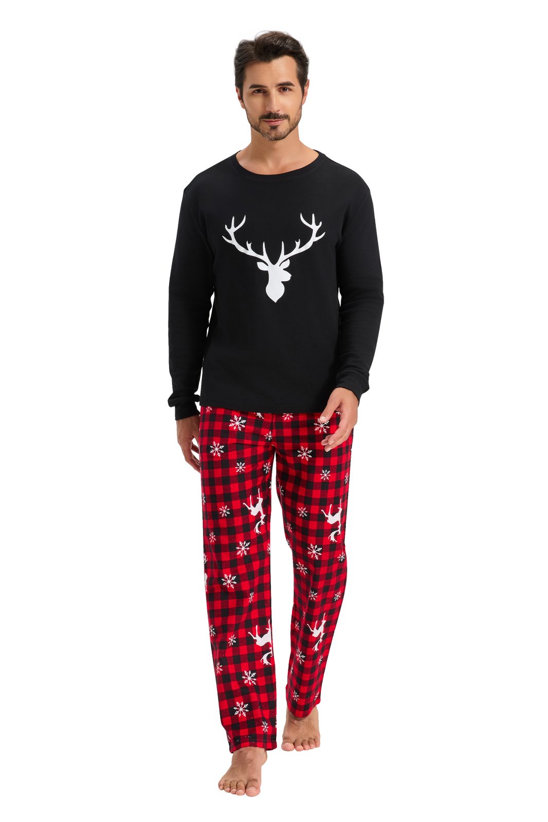 GLOBAL Men's Cotton Knit Top Flannel Pants Sleepwear Matching Pajamas for Couple Pjs for Family, Size S-3XL