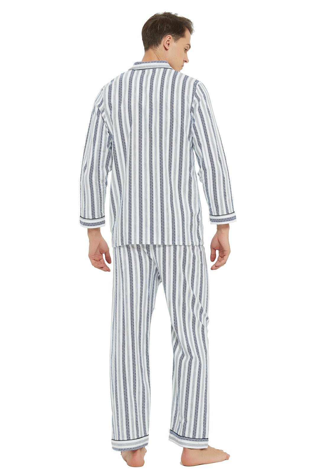 GLOBAL Men's Cotton Flannel Pajama Set, Long Sleeve Button‑Down Top & Long Pants Sleepwear, Soft Warm Loungewear, S-3XL