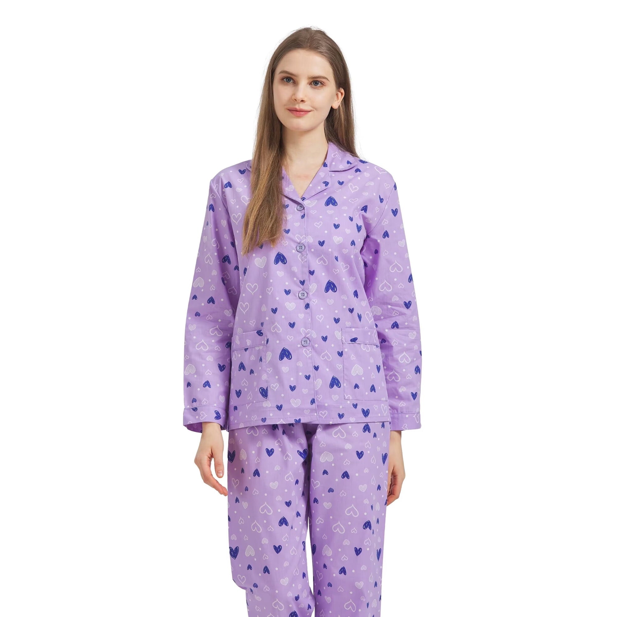 GLOBAL Womens 100% Cotton Notch Collar Pajama Set Homewear with Pockets, Spring & Summer, 2-Piece, Sizes S to 3X