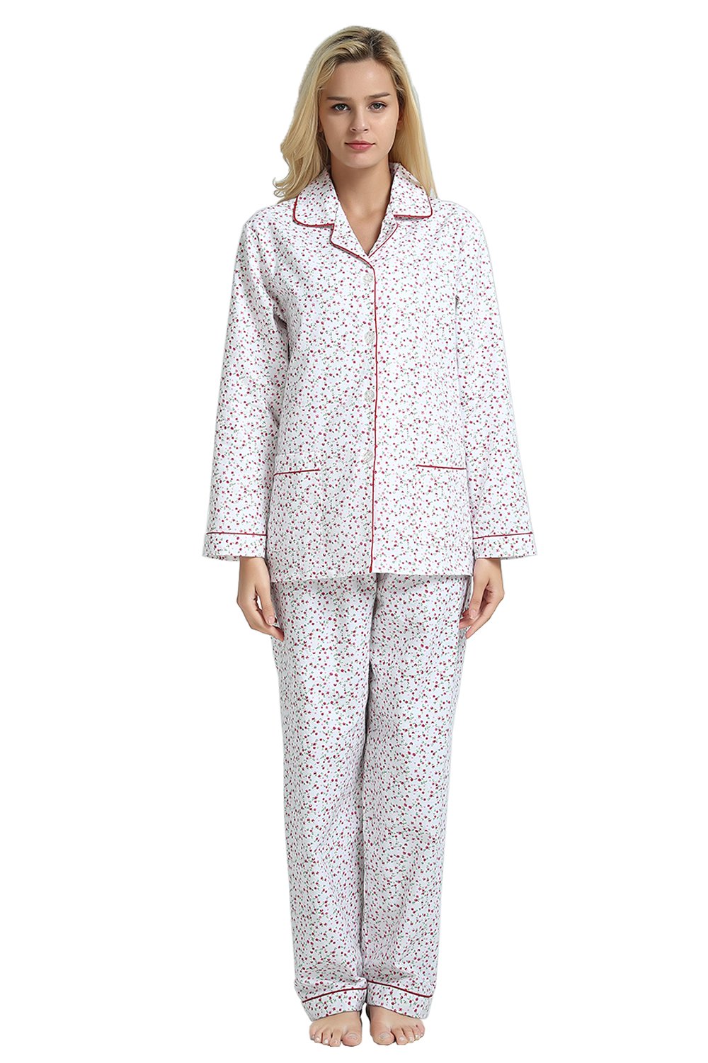 GLOBAL Womens Flannel Cotton Pajama Set Long PJs Cozy Winter Flannel Loungewear Sleepwear
