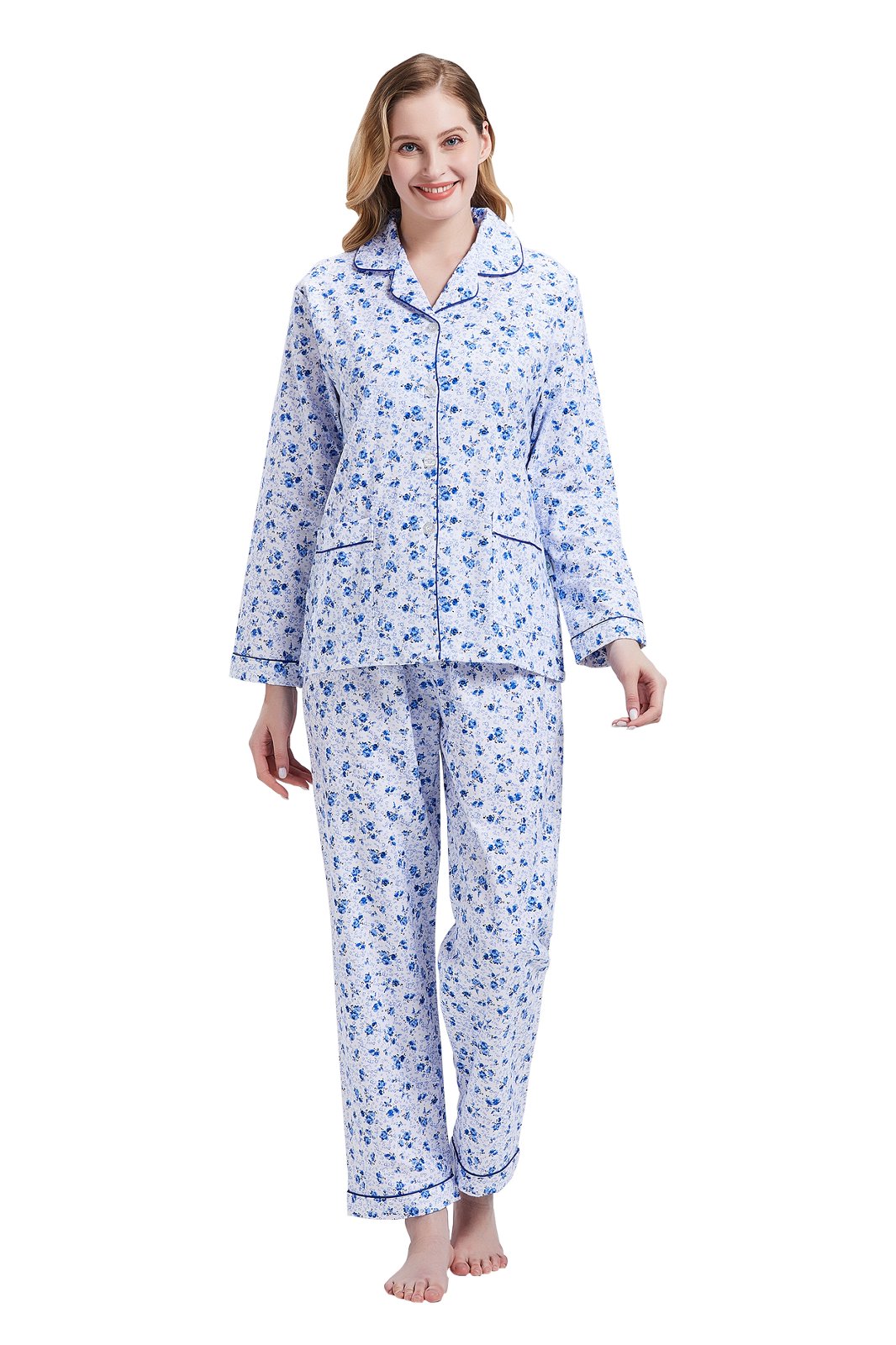GLOBAL Womens Cotton Flannel Pajama Set - Cozy Winter 2-Piece Loungewear with Button-Down Top & Pants, Size S-3XL