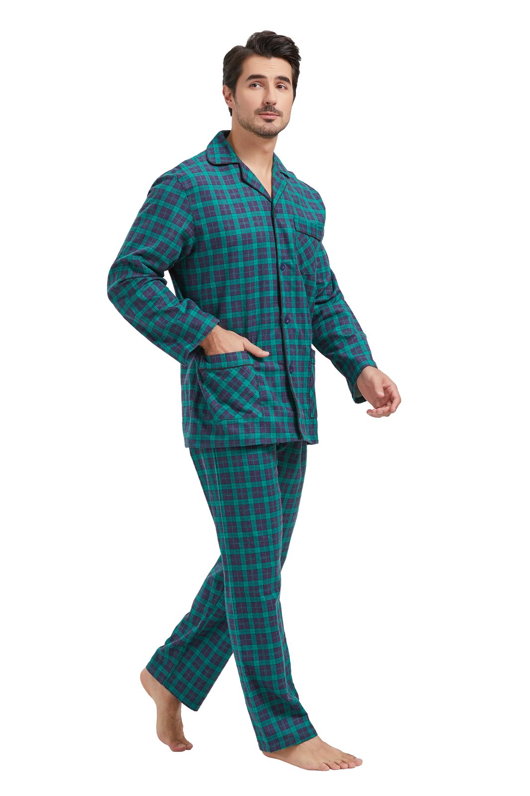 Amaxer Mens Cotton Flannel Pajama Set, Long Sleeve Button‑Down Top & Elastic Waist Long Pants, Breathable Sleep Loungewear, Size 3XL