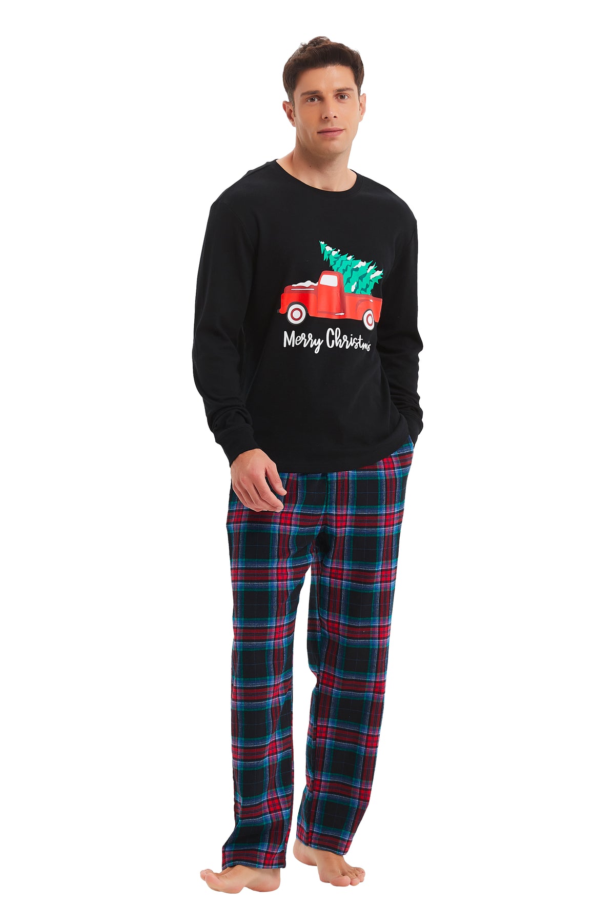 GLOBAL Men's Cotton Knit Top Flannel Pants Sleepwear Matching Pajamas for Couple Pjs for Family, Size S-3XL